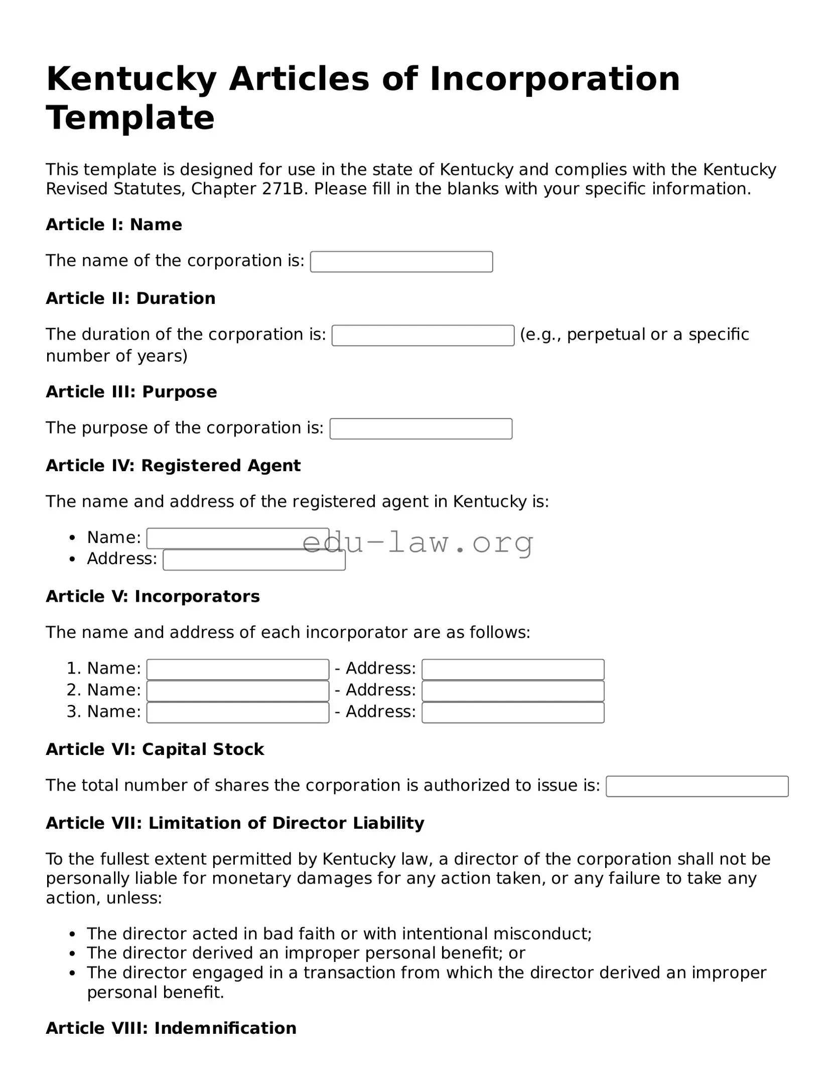 Legal  Articles of Incorporation Template for Kentucky