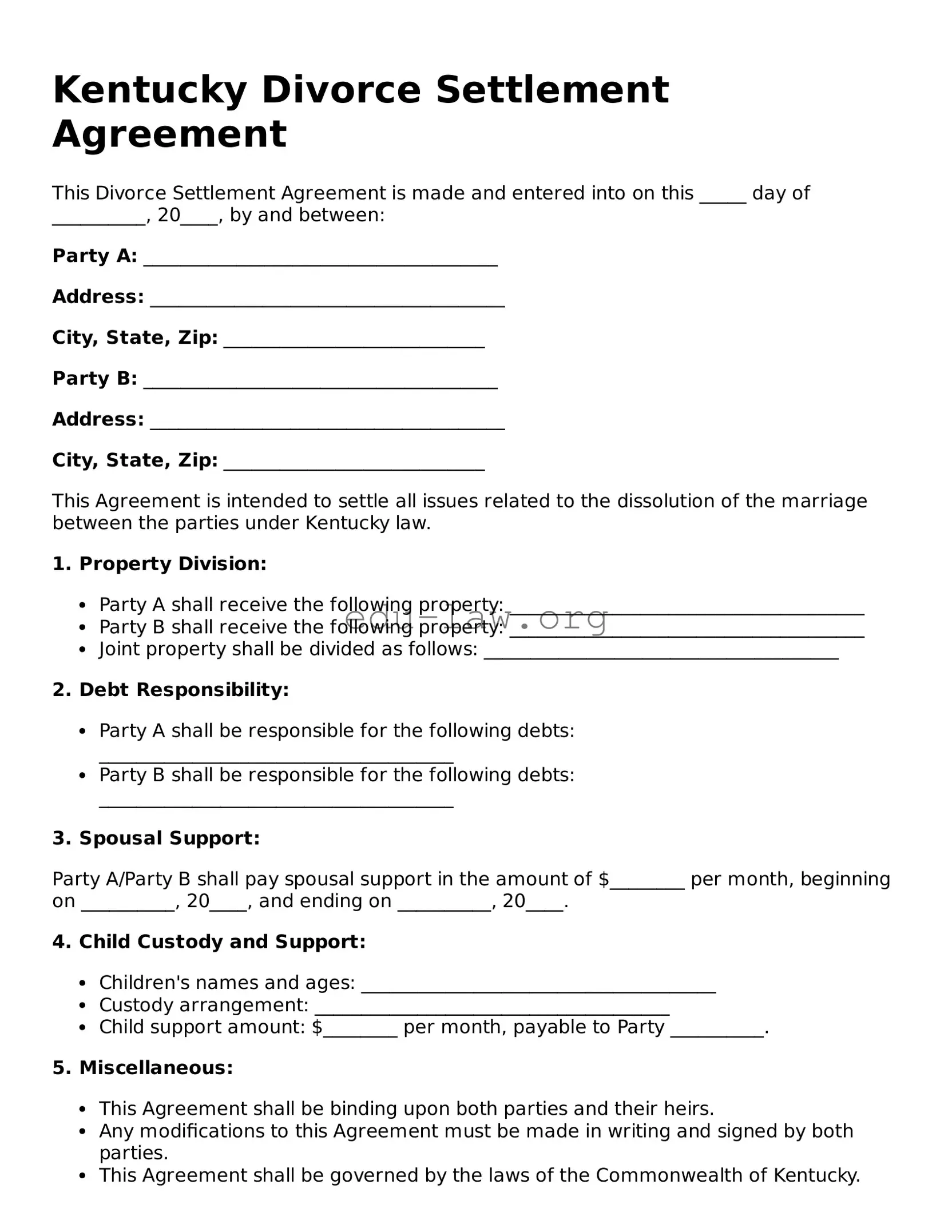 Legal  Divorce Settlement Agreement Template for Kentucky