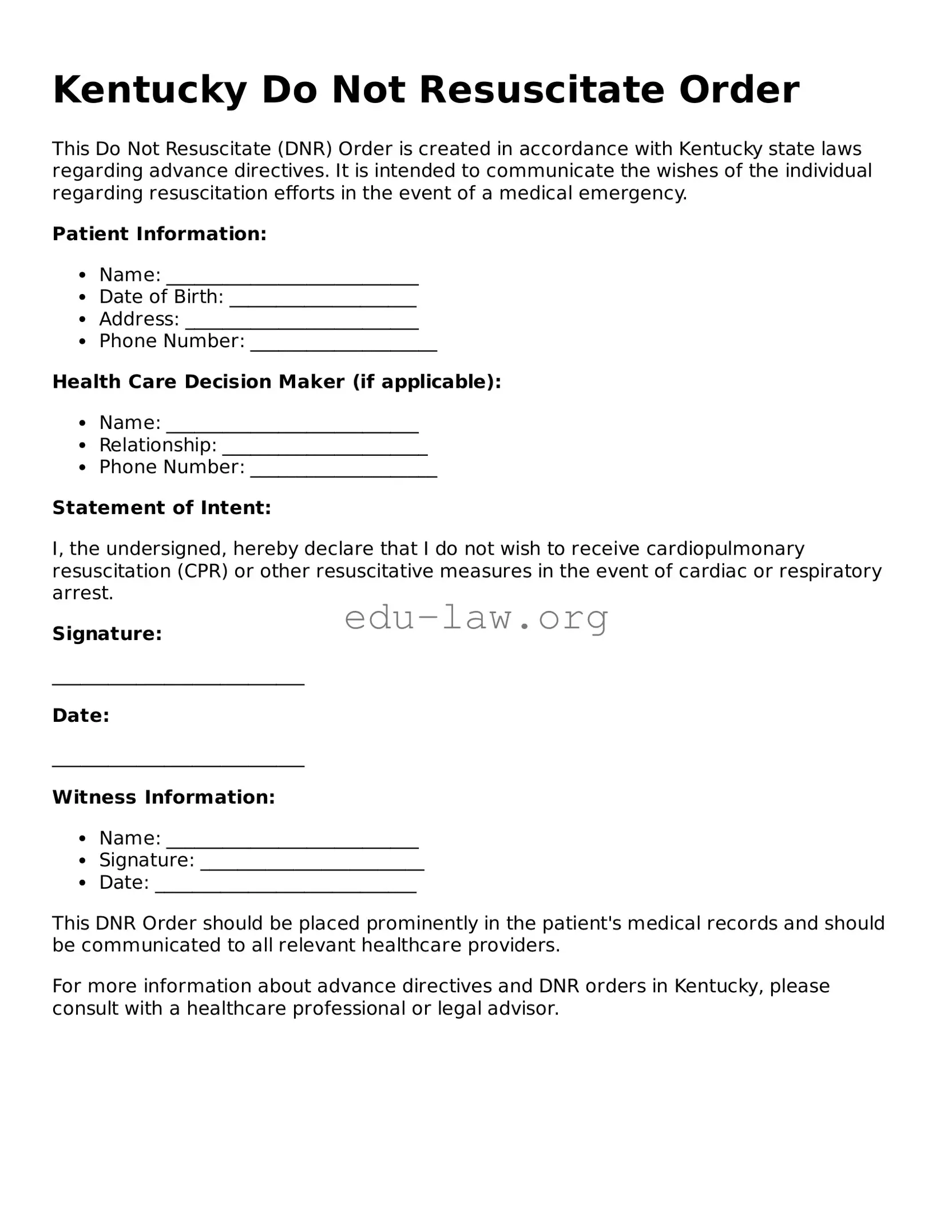 Legal  Do Not Resuscitate Order Template for Kentucky
