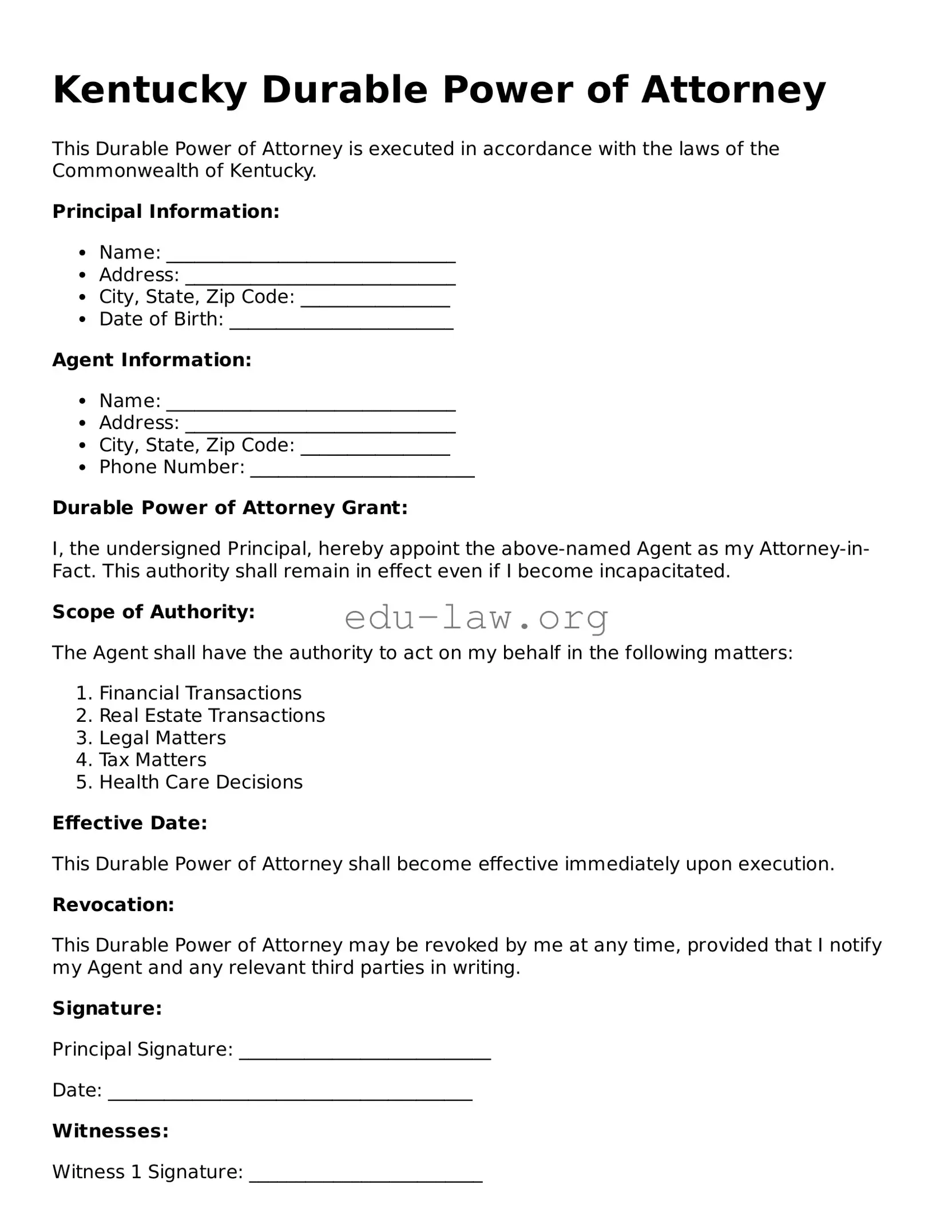Legal  Durable Power of Attorney Template for Kentucky