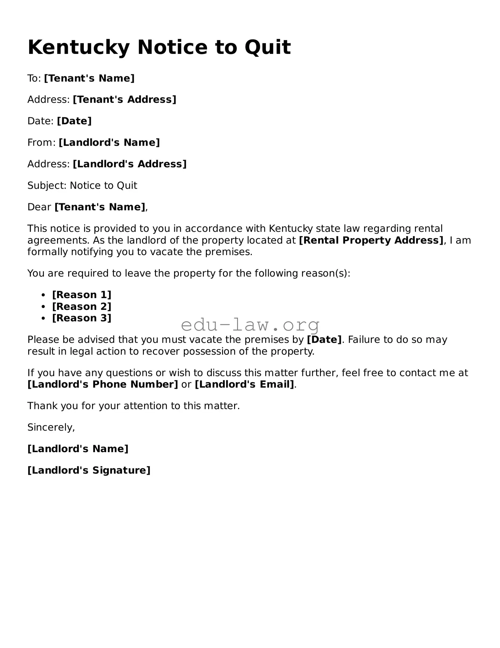 Legal  Notice to Quit Template for Kentucky