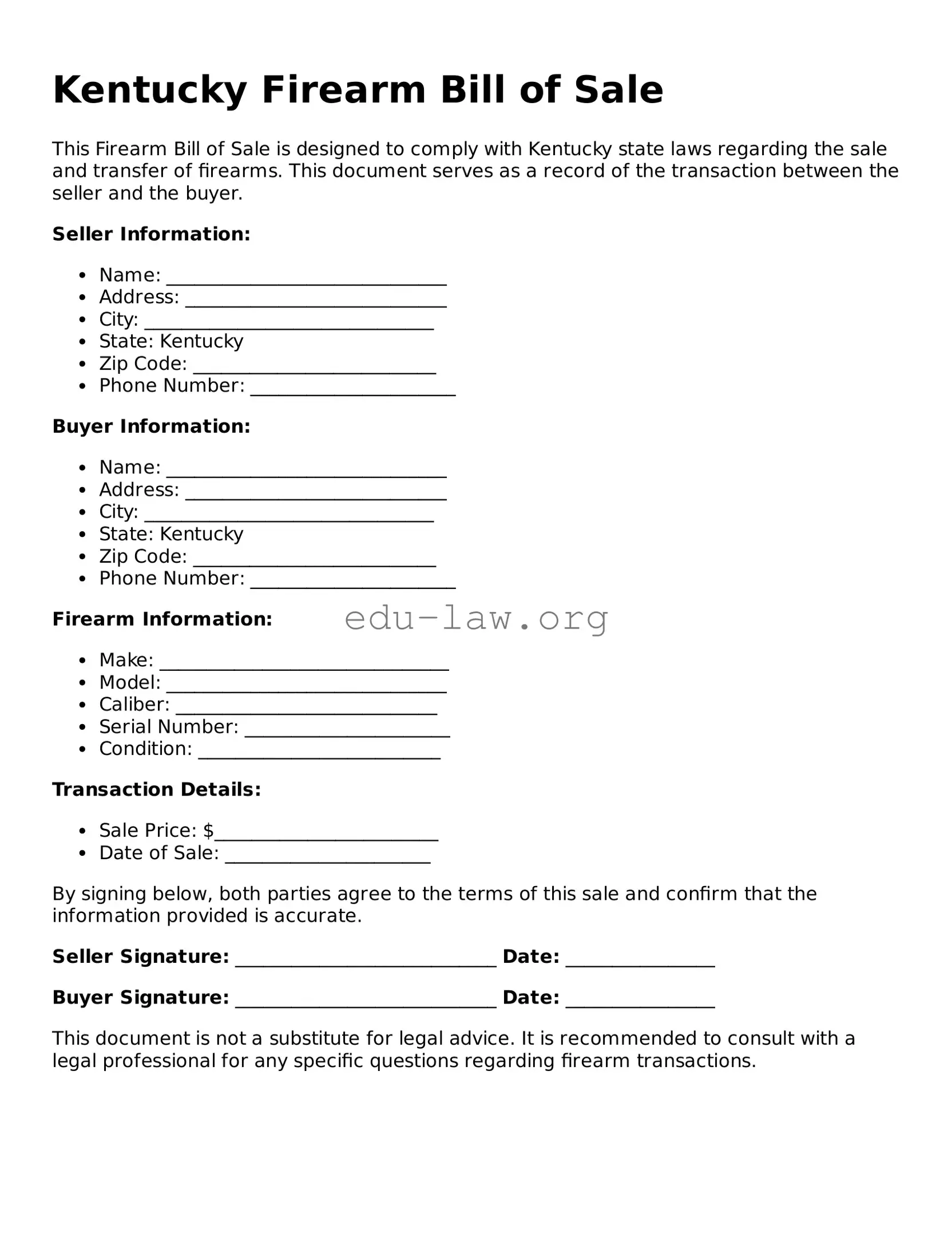 Legal  Firearm Bill of Sale Template for Kentucky