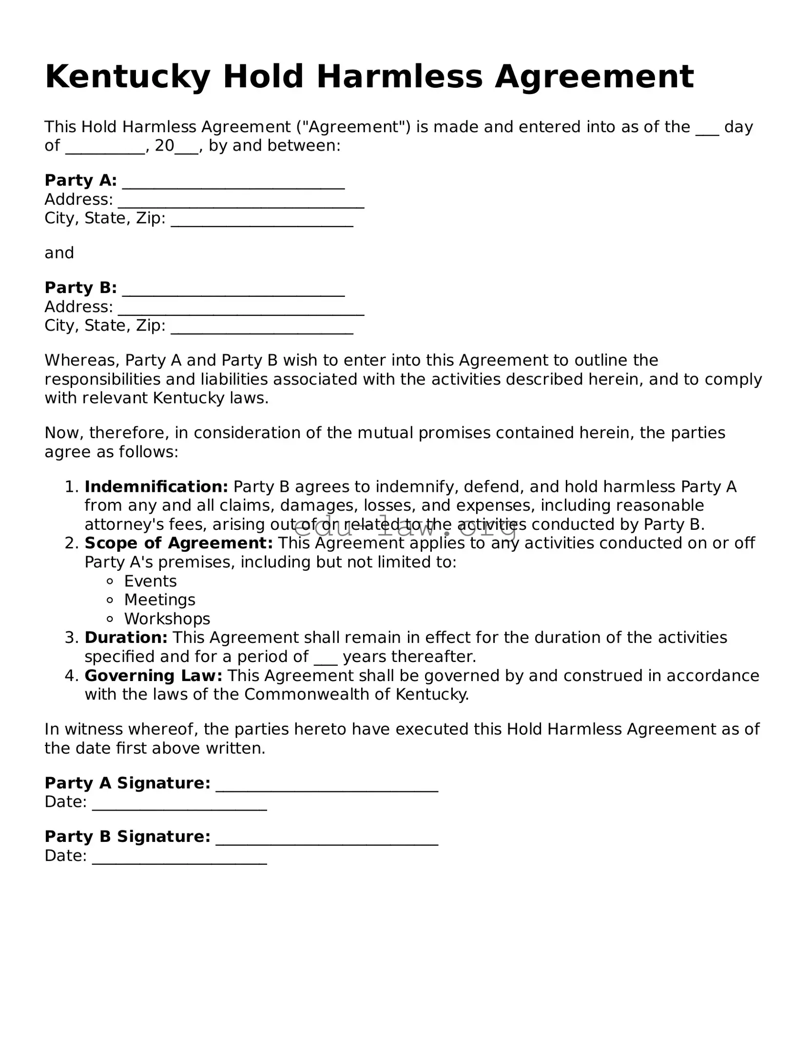 Legal  Hold Harmless Agreement Template for Kentucky