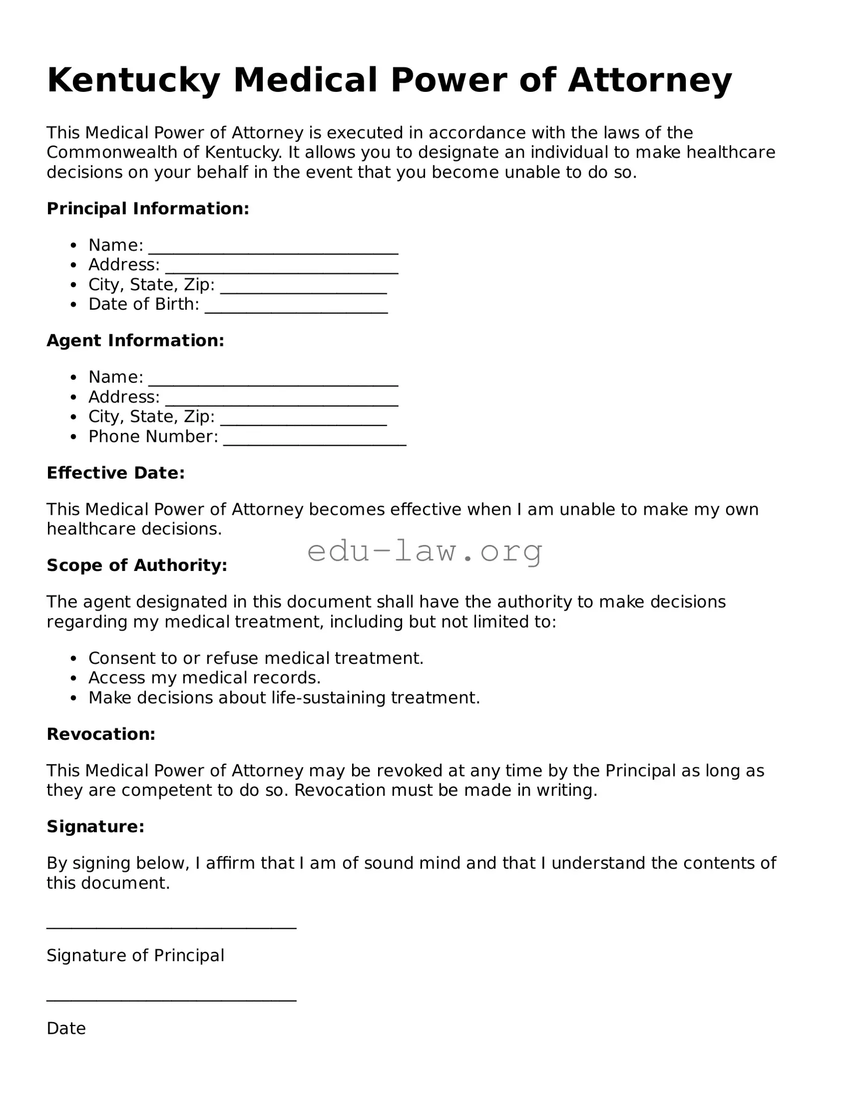 Legal  Medical Power of Attorney Template for Kentucky