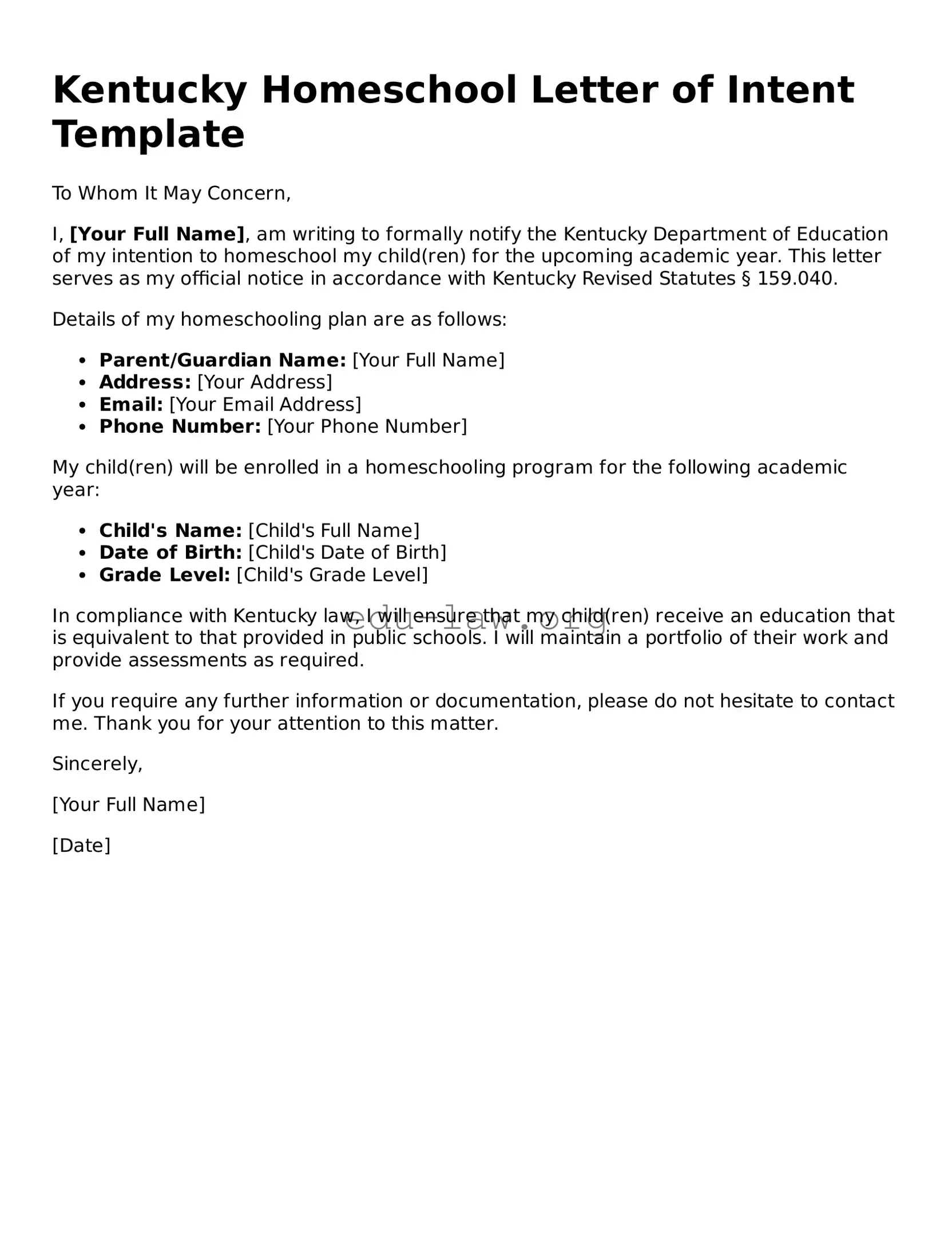 Legal  Homeschool Letter of Intent Template for Kentucky