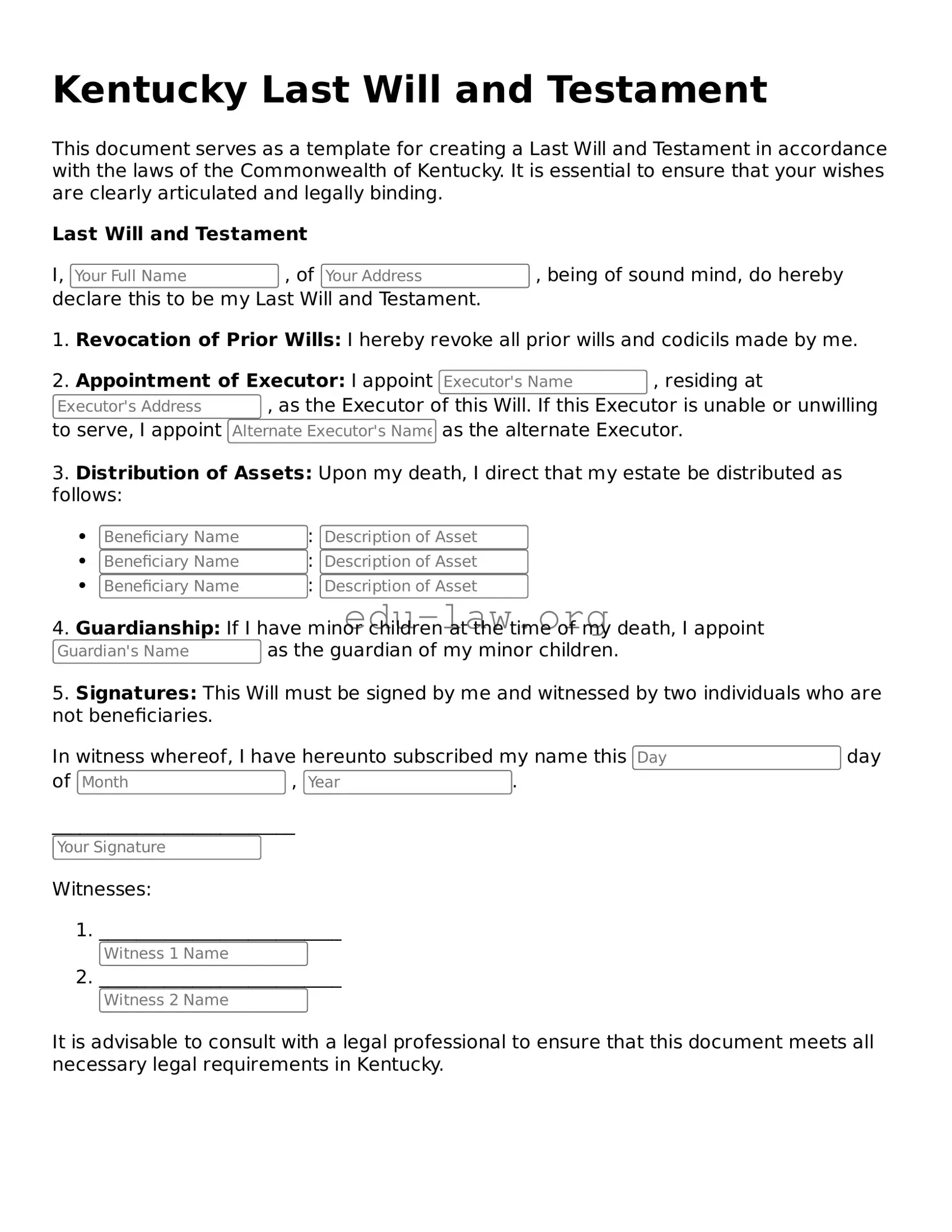Legal  Last Will and Testament Template for Kentucky