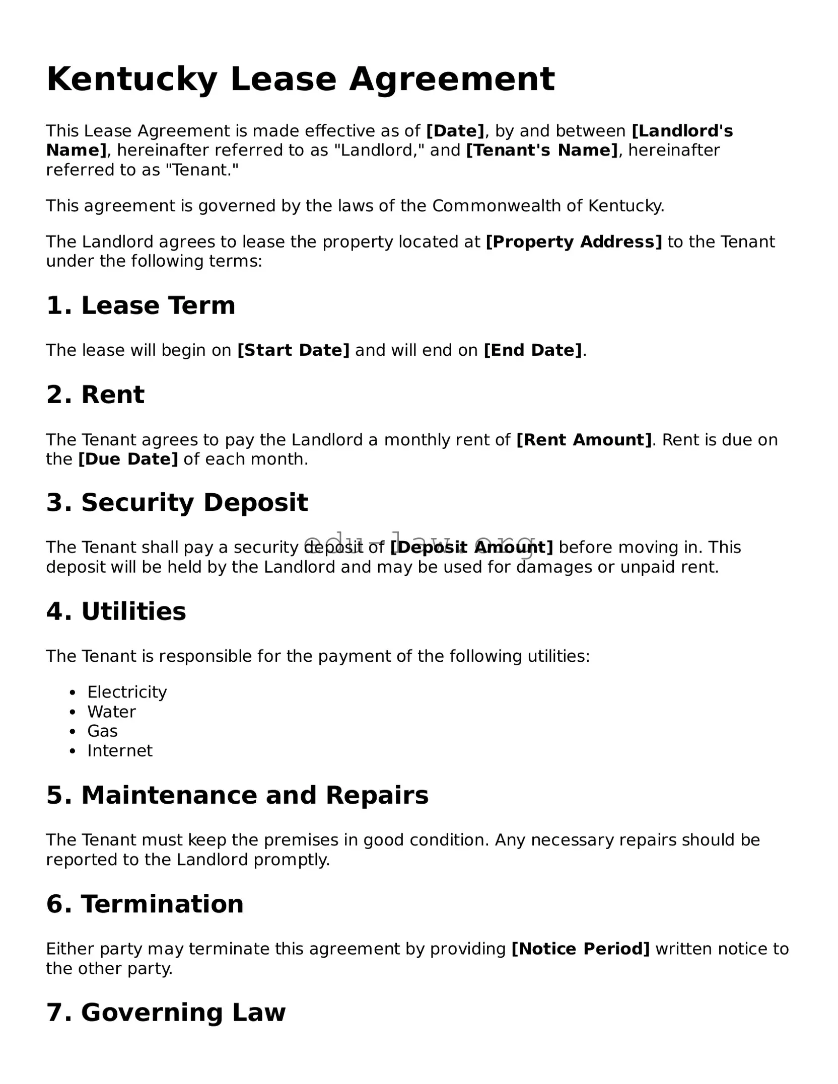 Legal  Lease Agreement Template for Kentucky