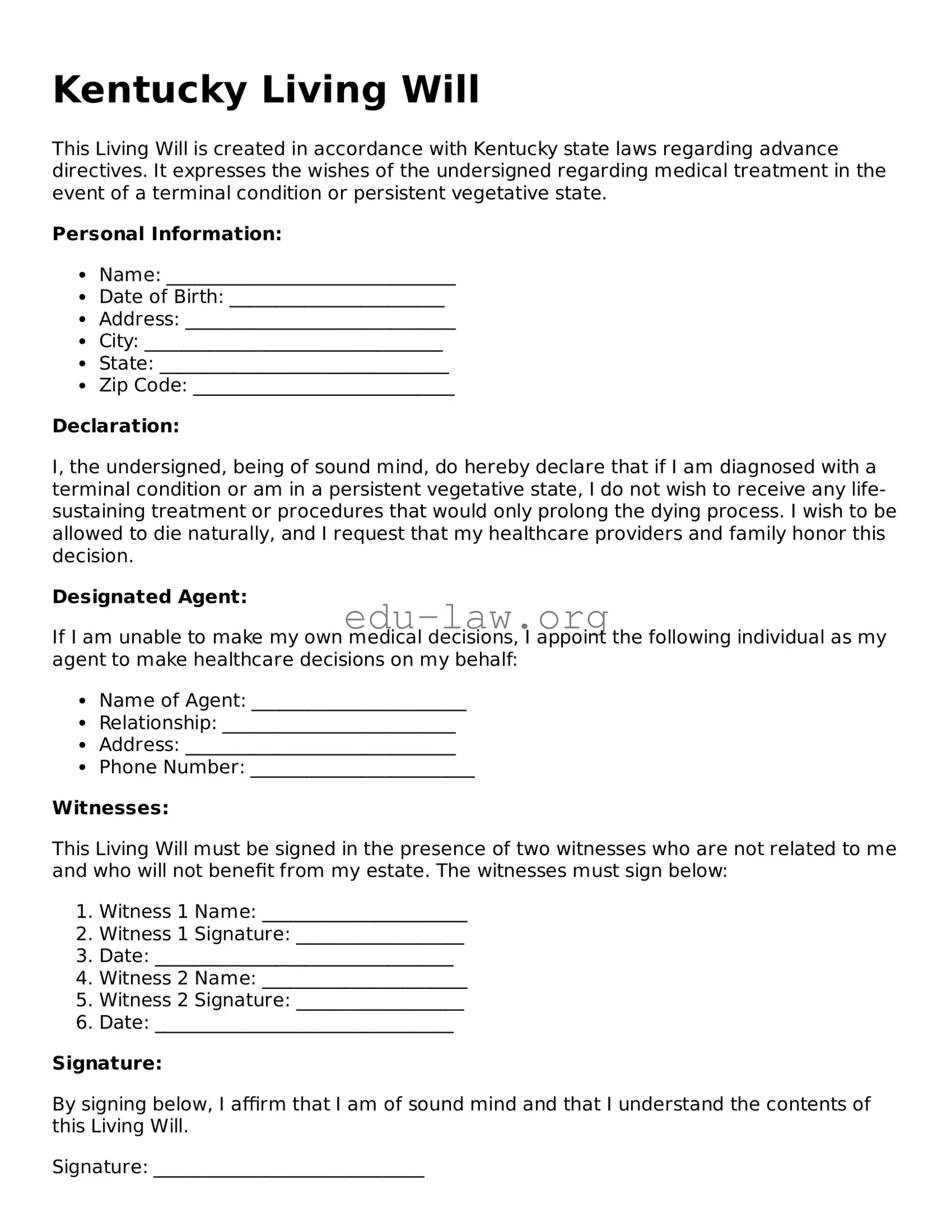 Legal  Living Will Template for Kentucky