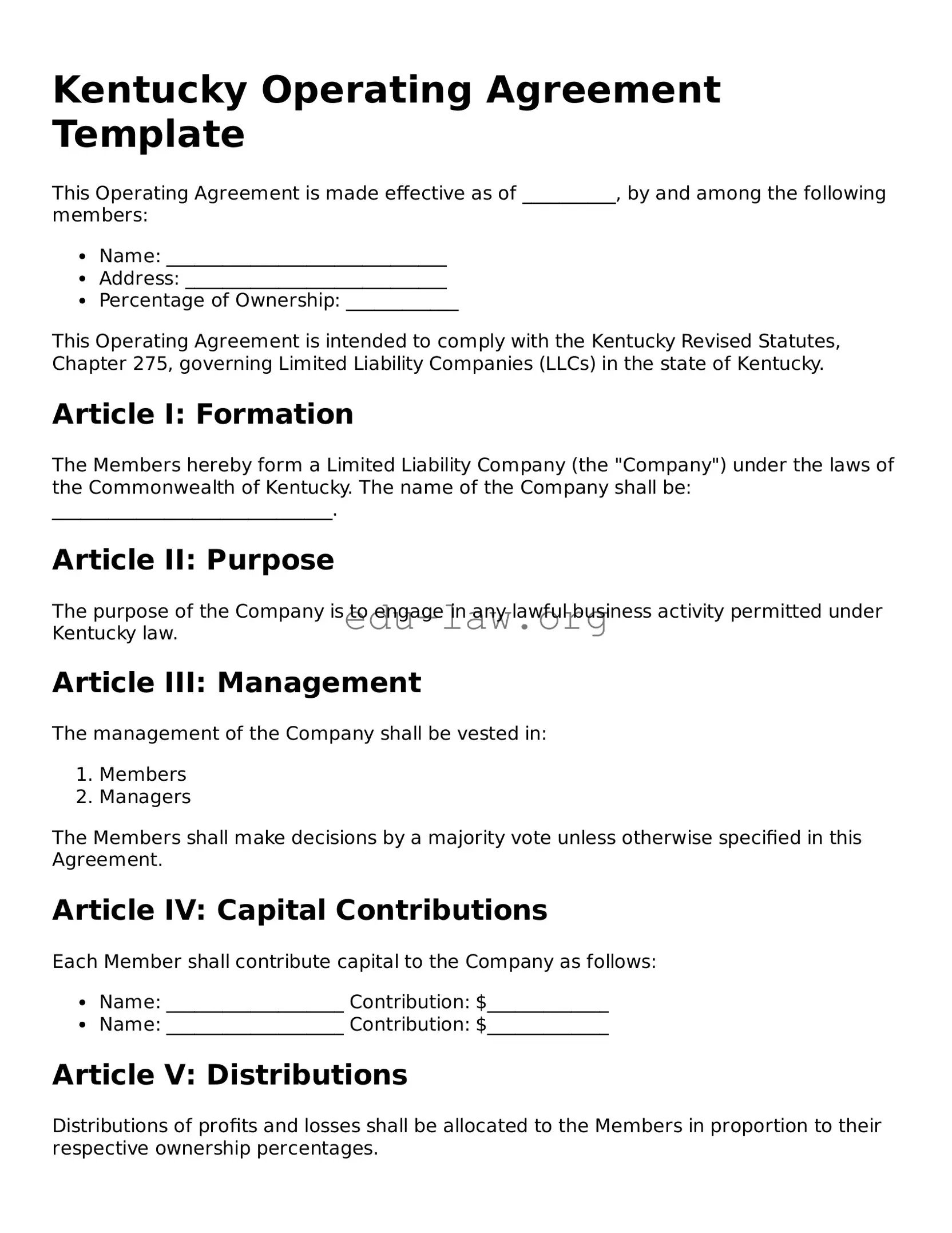 Legal  Operating Agreement Template for Kentucky
