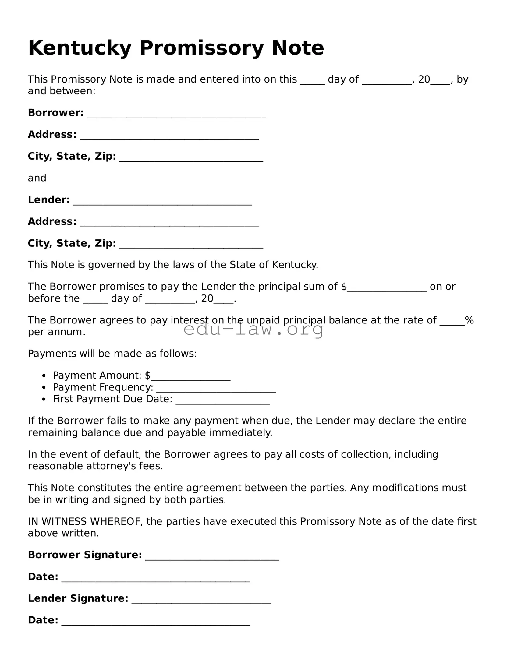 Legal  Promissory Note Template for Kentucky