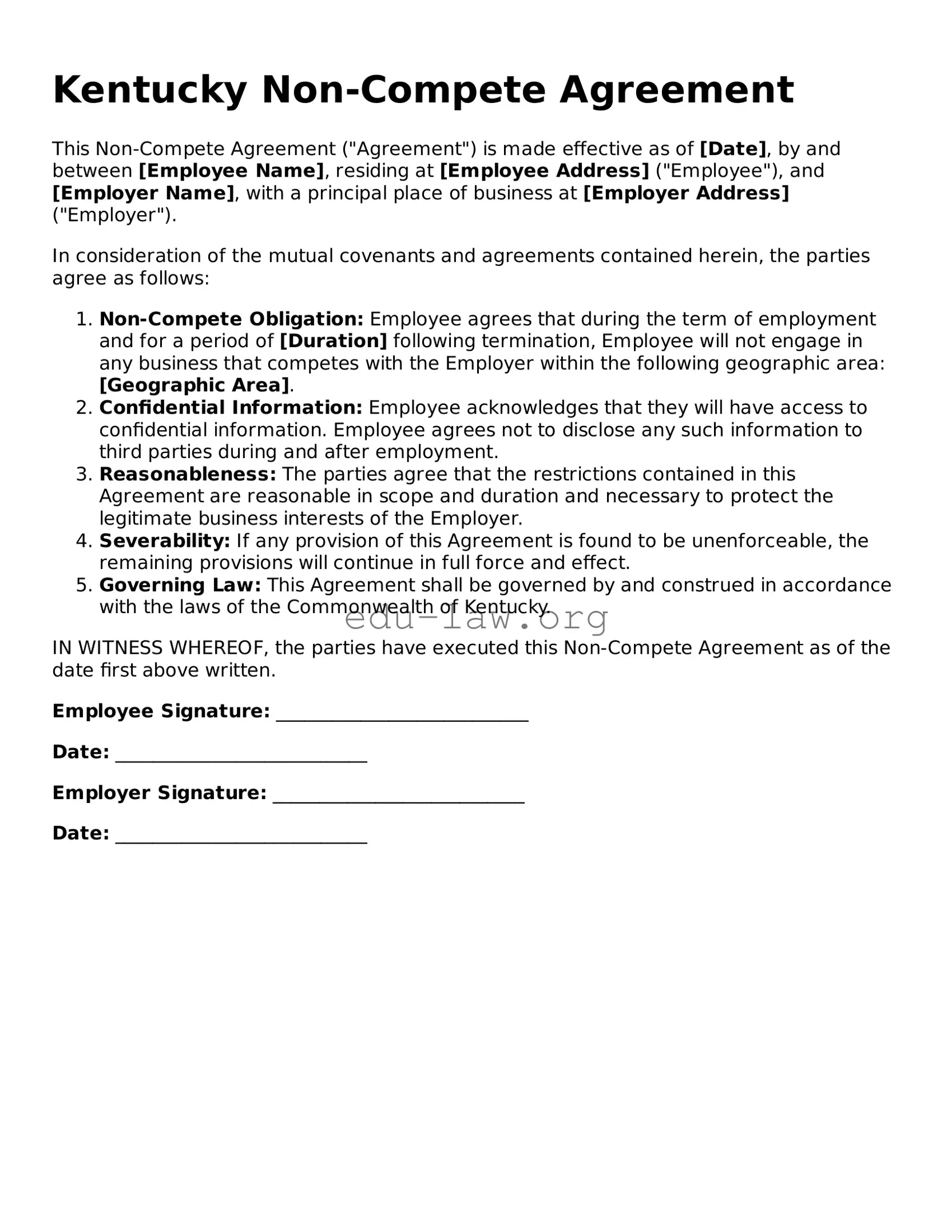 Legal  Non-compete Agreement Template for Kentucky