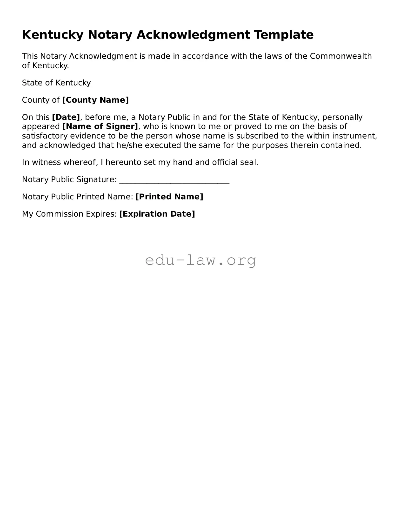 Legal  Notary Acknowledgement Template for Kentucky