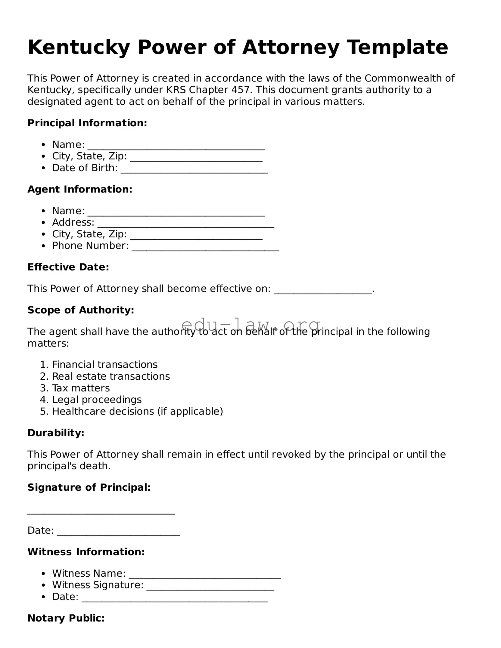 Legal  Power of Attorney Template for Kentucky