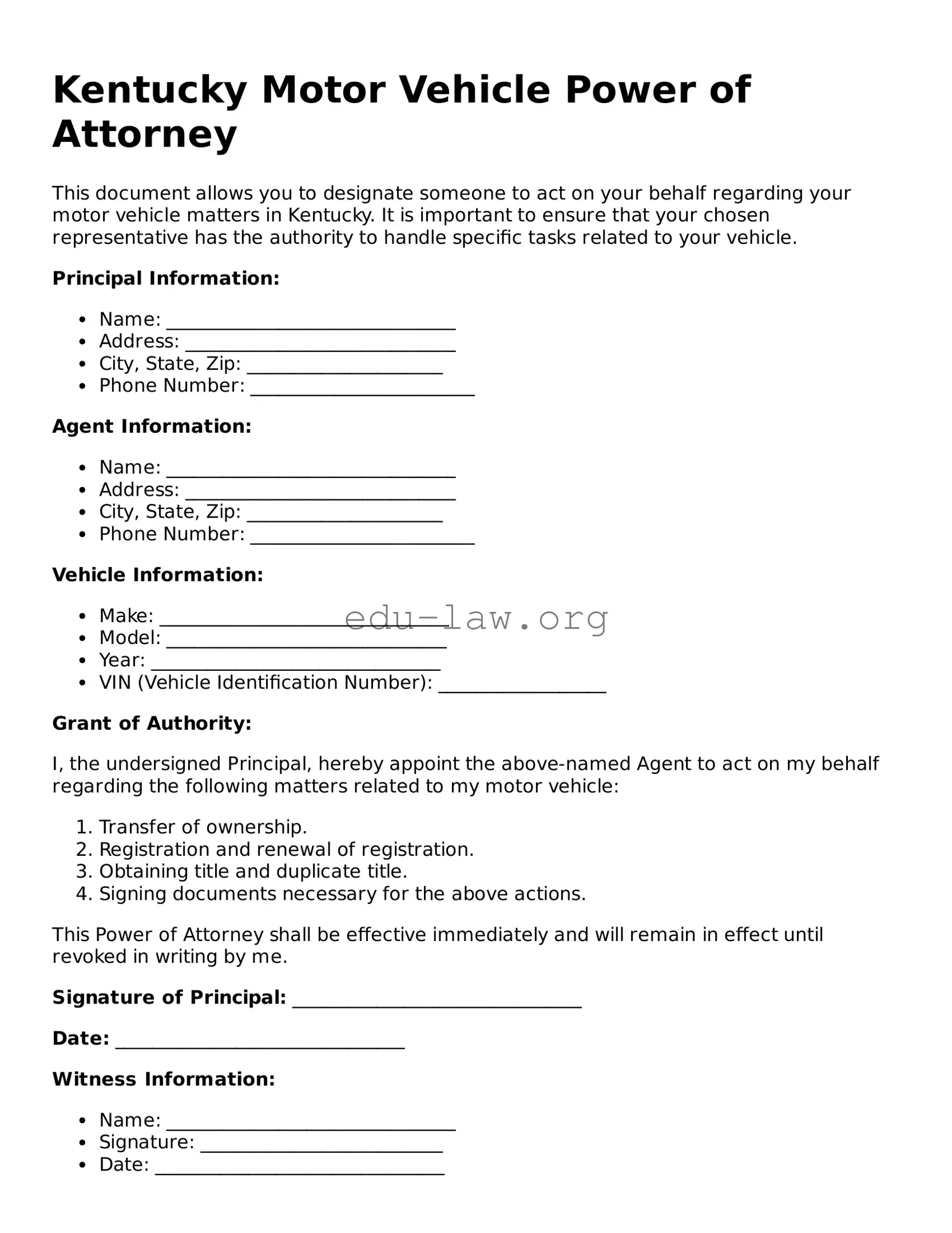 Legal  Motor Vehicle Power of Attorney Template for Kentucky