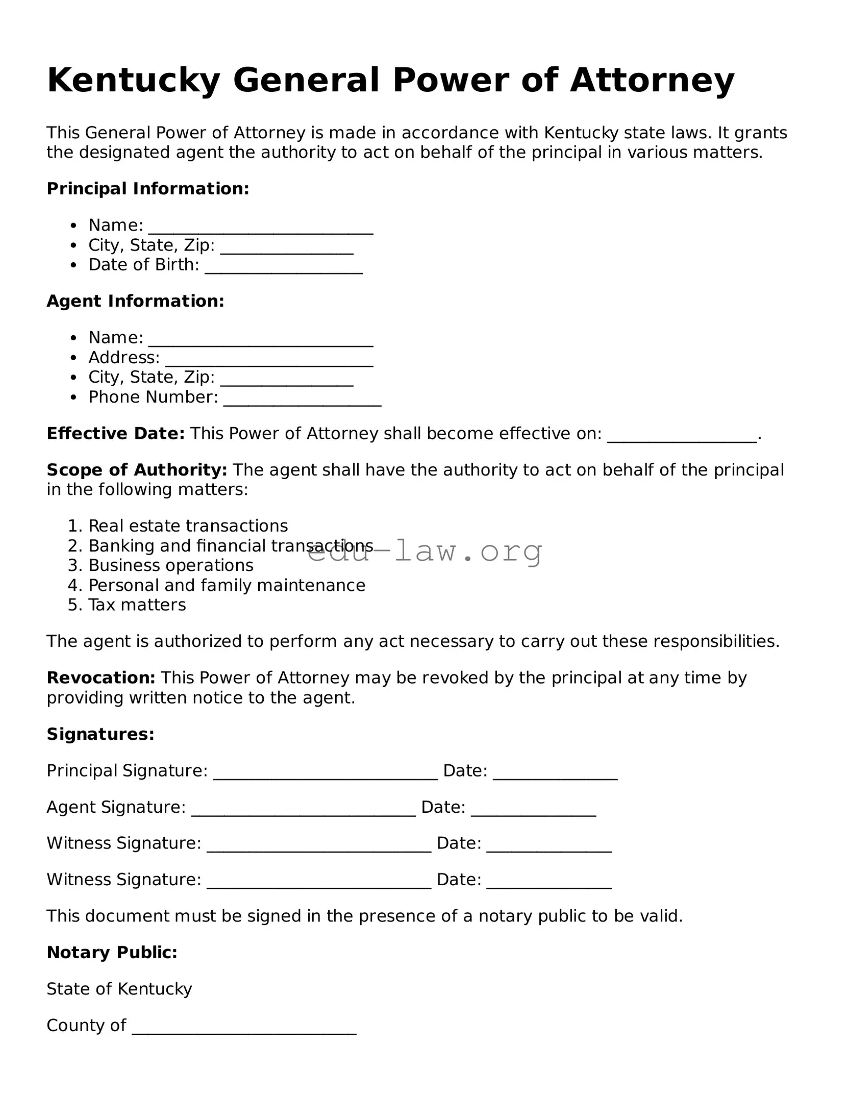 Legal  General Power of Attorney Template for Kentucky