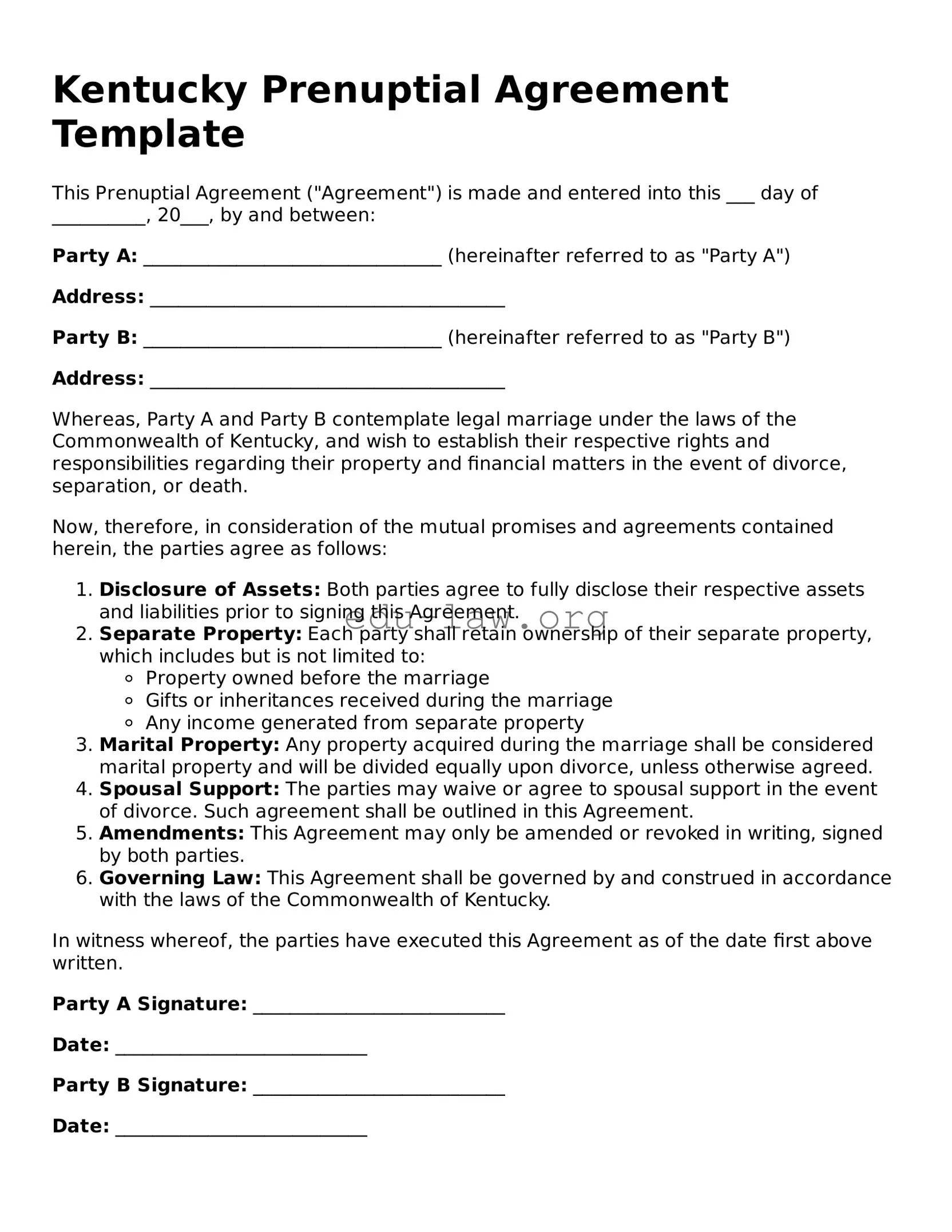 Legal  Prenuptial Agreement Template for Kentucky