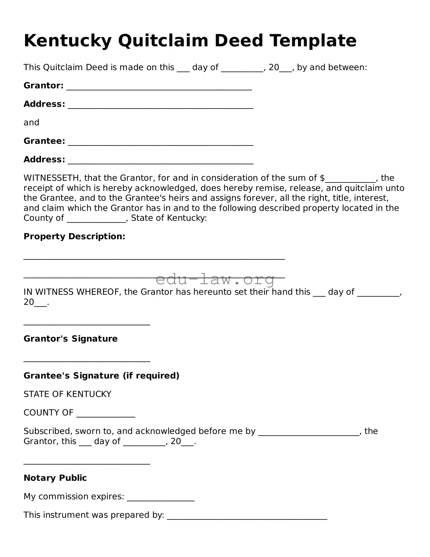 Legal  Quitclaim Deed Template for Kentucky