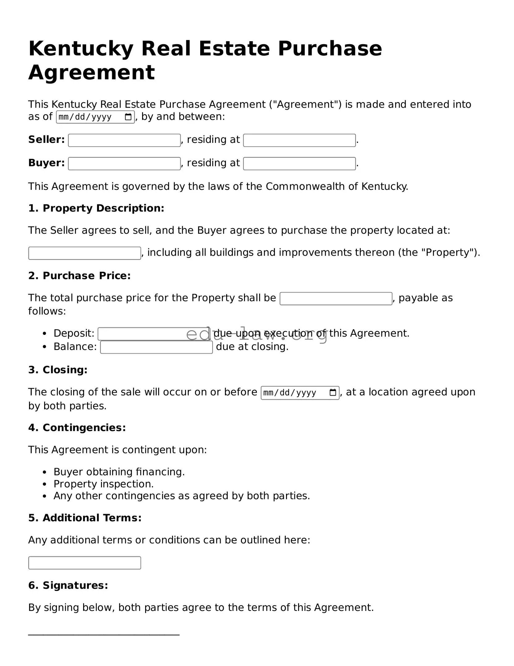 Legal  Real Estate Purchase Agreement Template for Kentucky