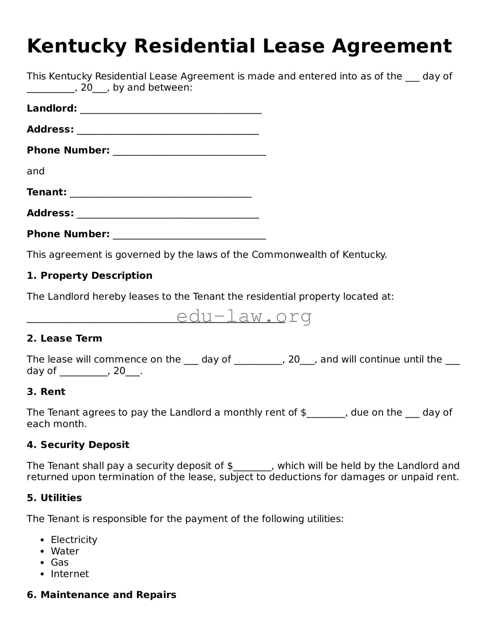 Legal  Residential Lease Agreement Template for Kentucky