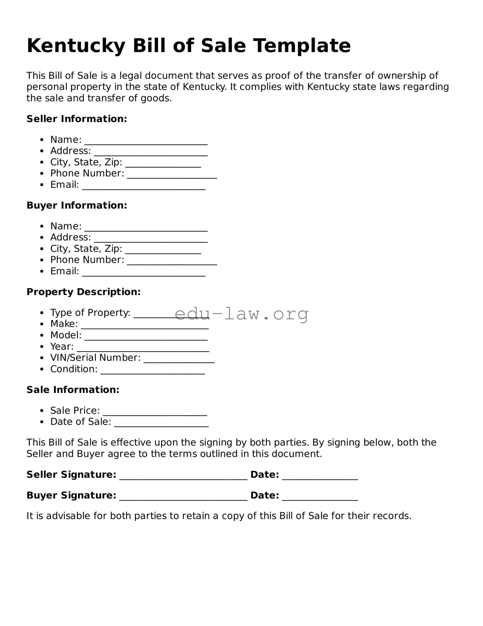 Legal  Bill of Sale Template for Kentucky