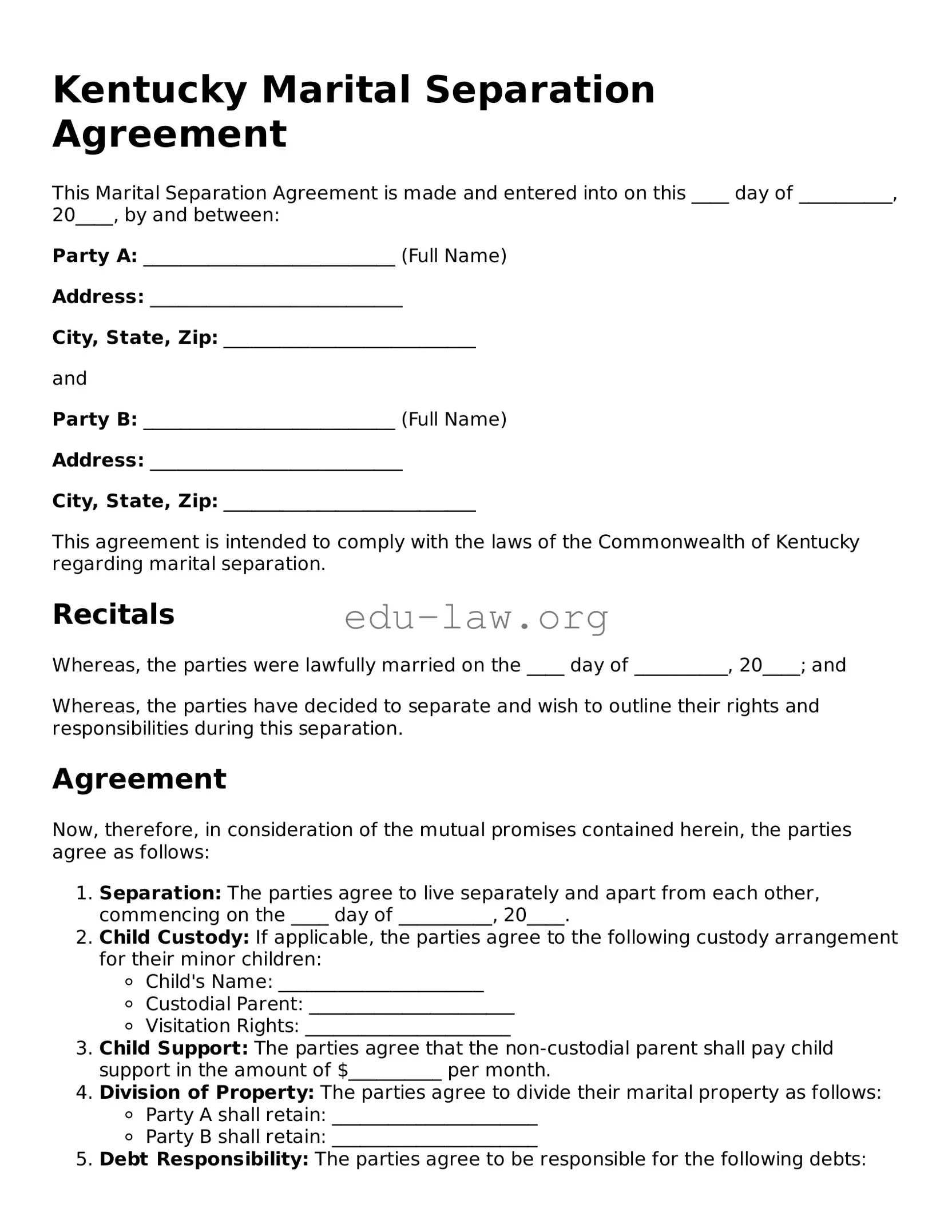 Legal  Marital Separation Agreement Template for Kentucky