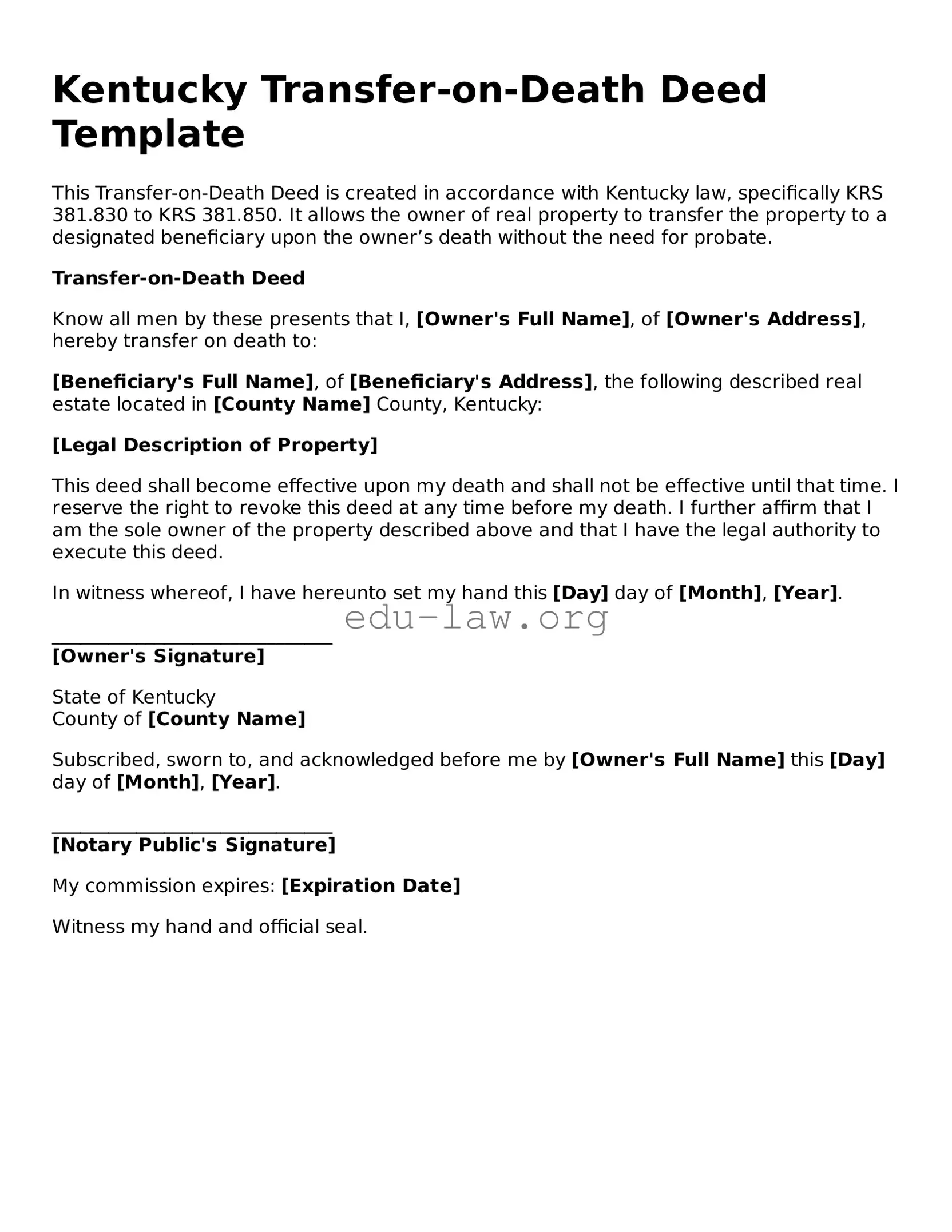 Legal  Transfer-on-Death Deed Template for Kentucky