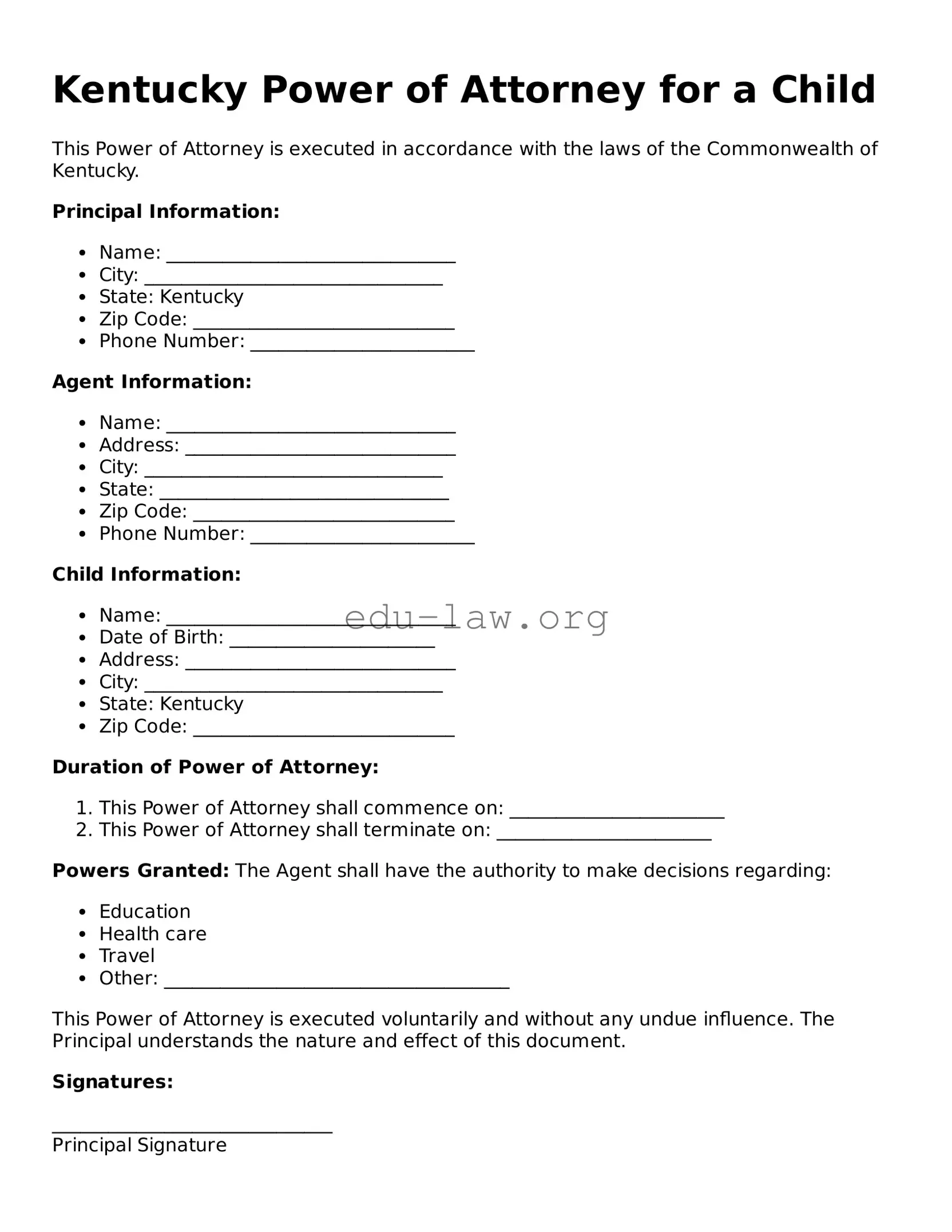 Legal  Power of Attorney for a Child Template for Kentucky