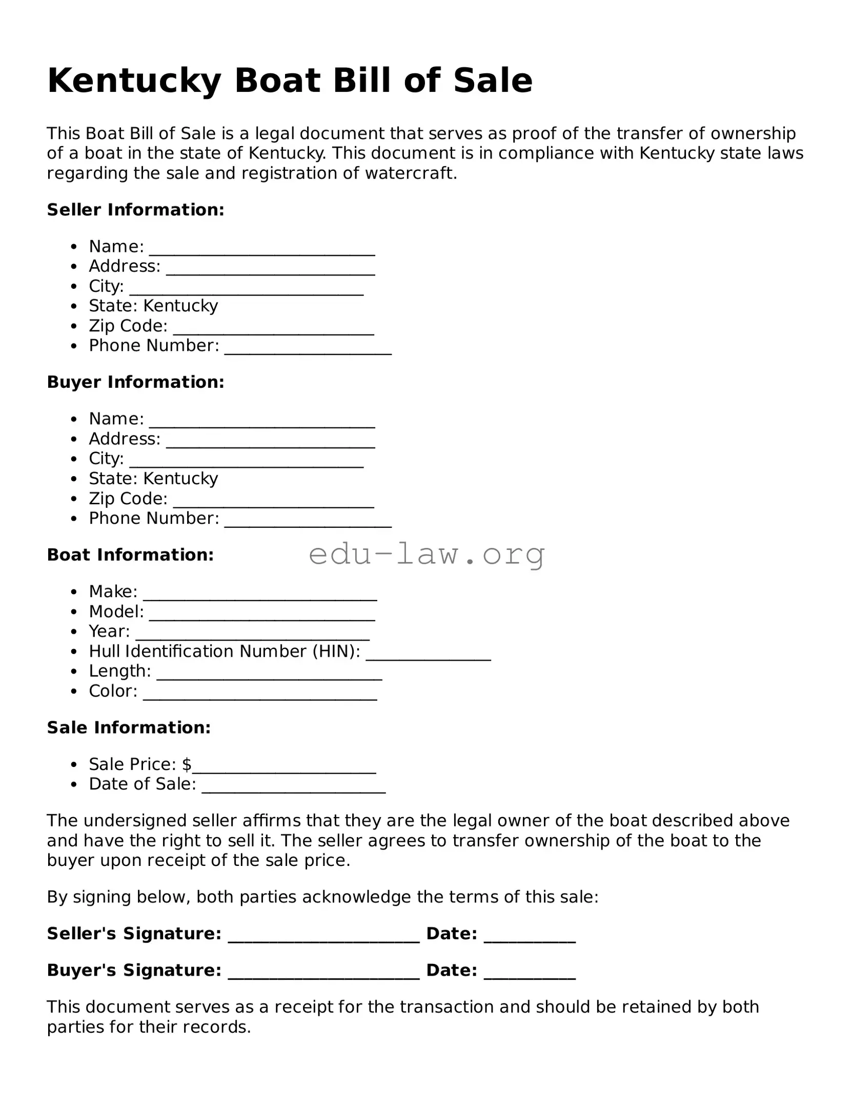 Legal  Boat Bill of Sale Template for Kentucky