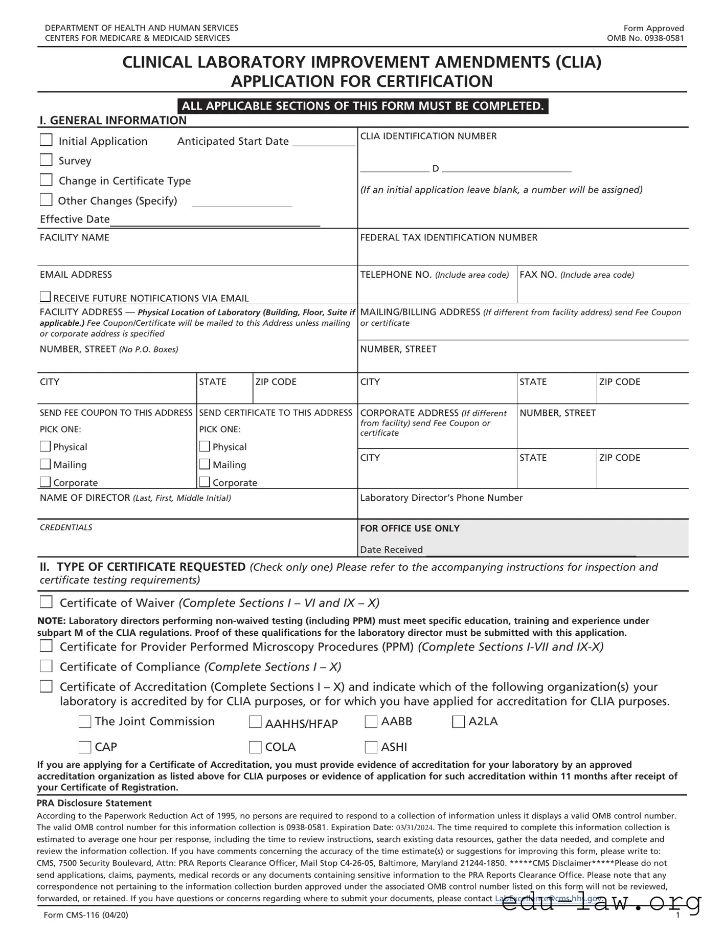 Fill in Your Clia Application Cms 116 Template