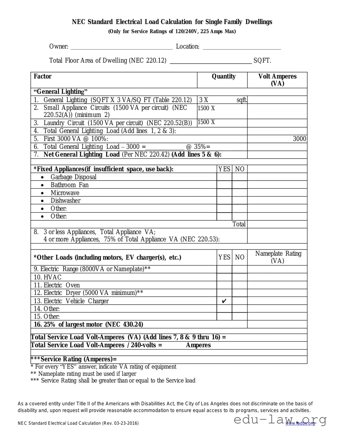 Fill in Your LADBS NEC Standard Electrical Load Calculation Template