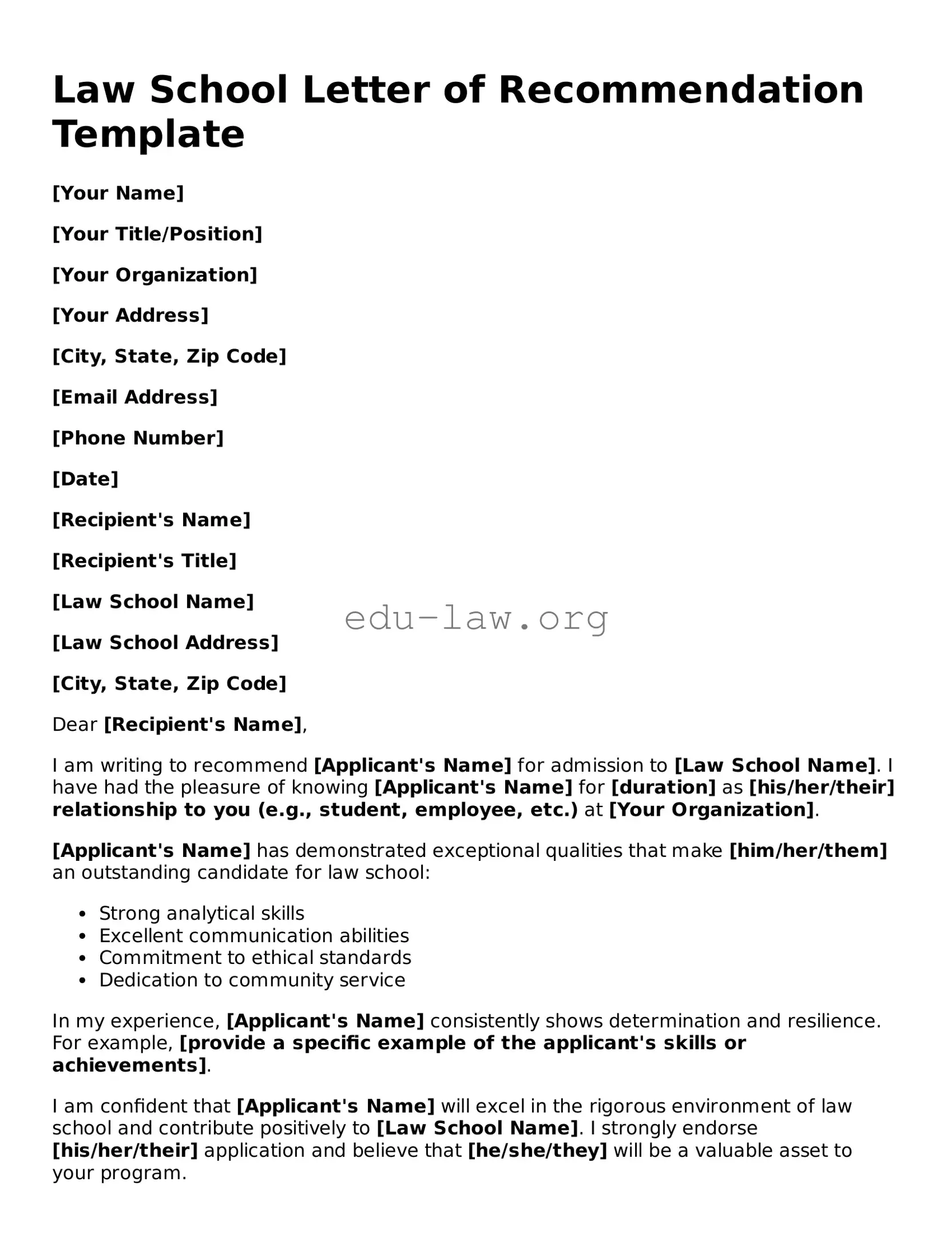 Law School Letter of Recommendation Template