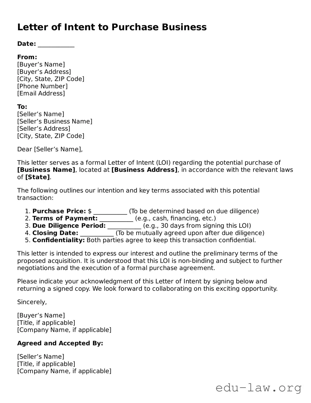 Letter of Intent to Purchase Business Template