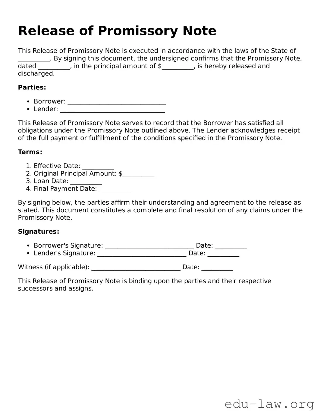 Release of Promissory Note Template