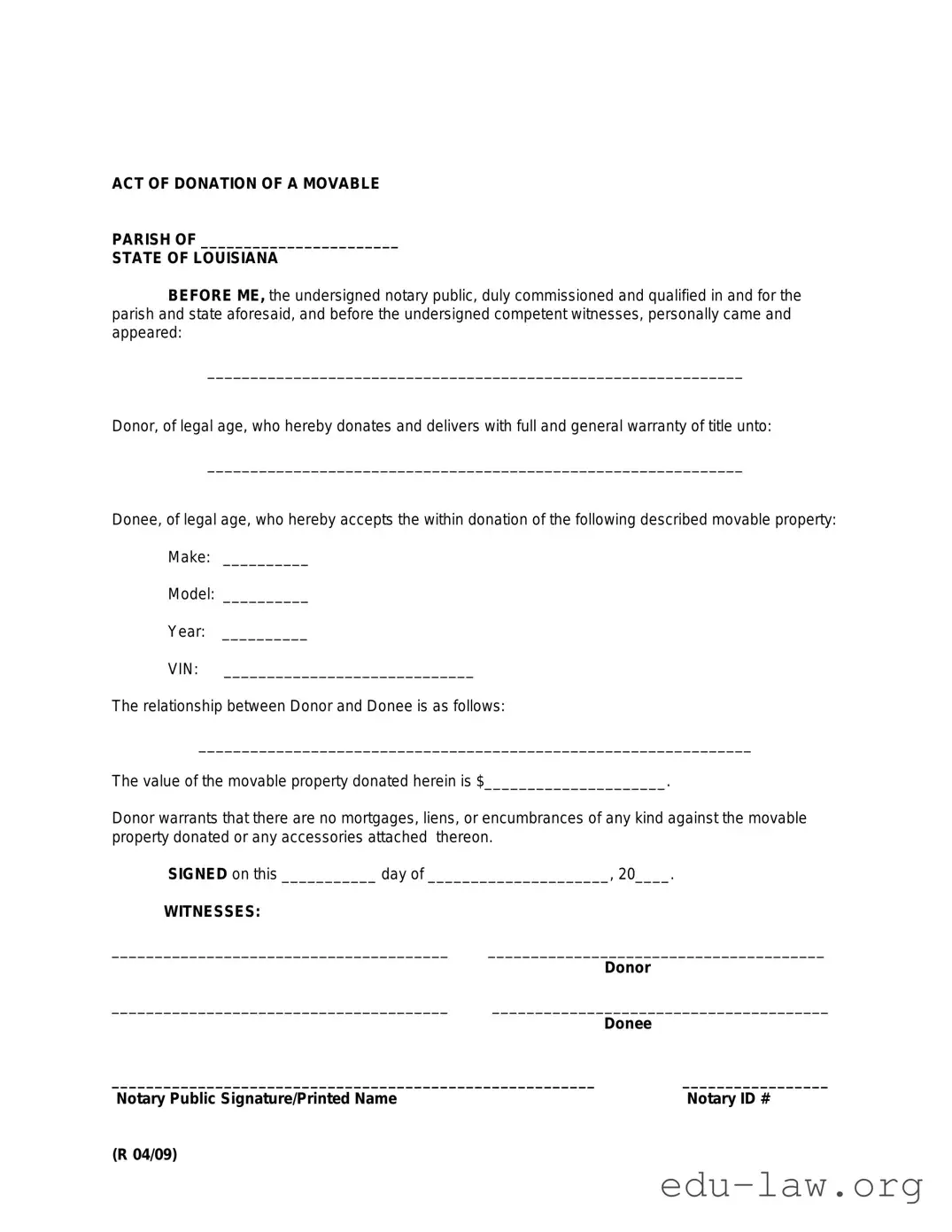 Fill in Your Louisiana act of donation Template