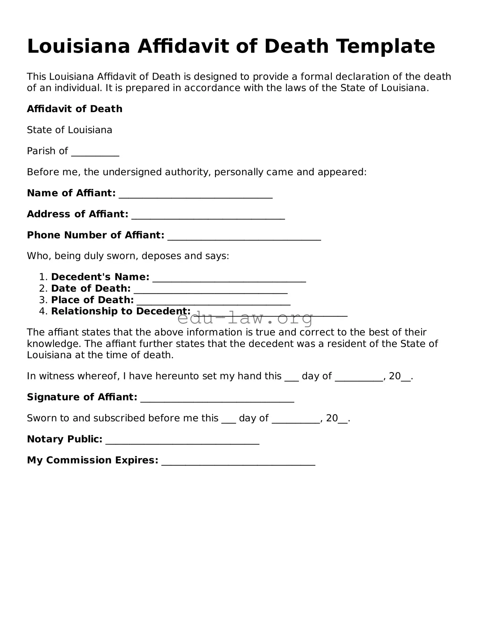 Legal  Affidavit of Death Template for Louisiana