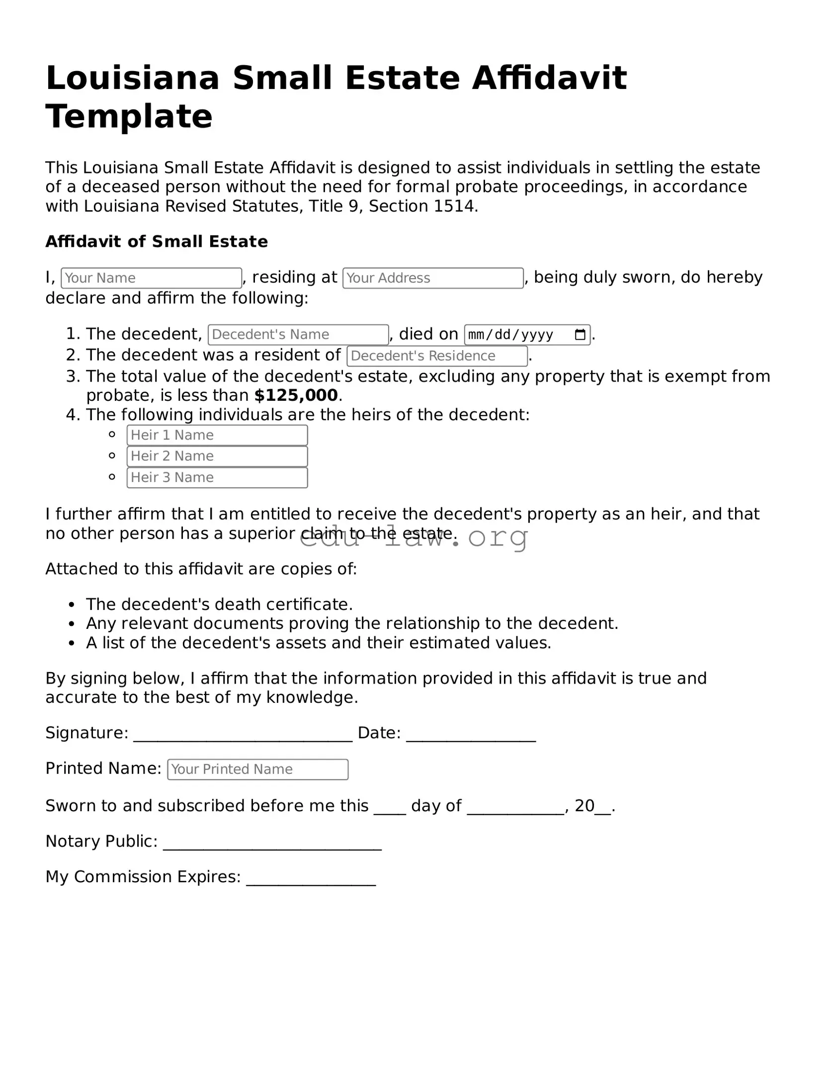 Legal  Small Estate Affidavit Template for Louisiana