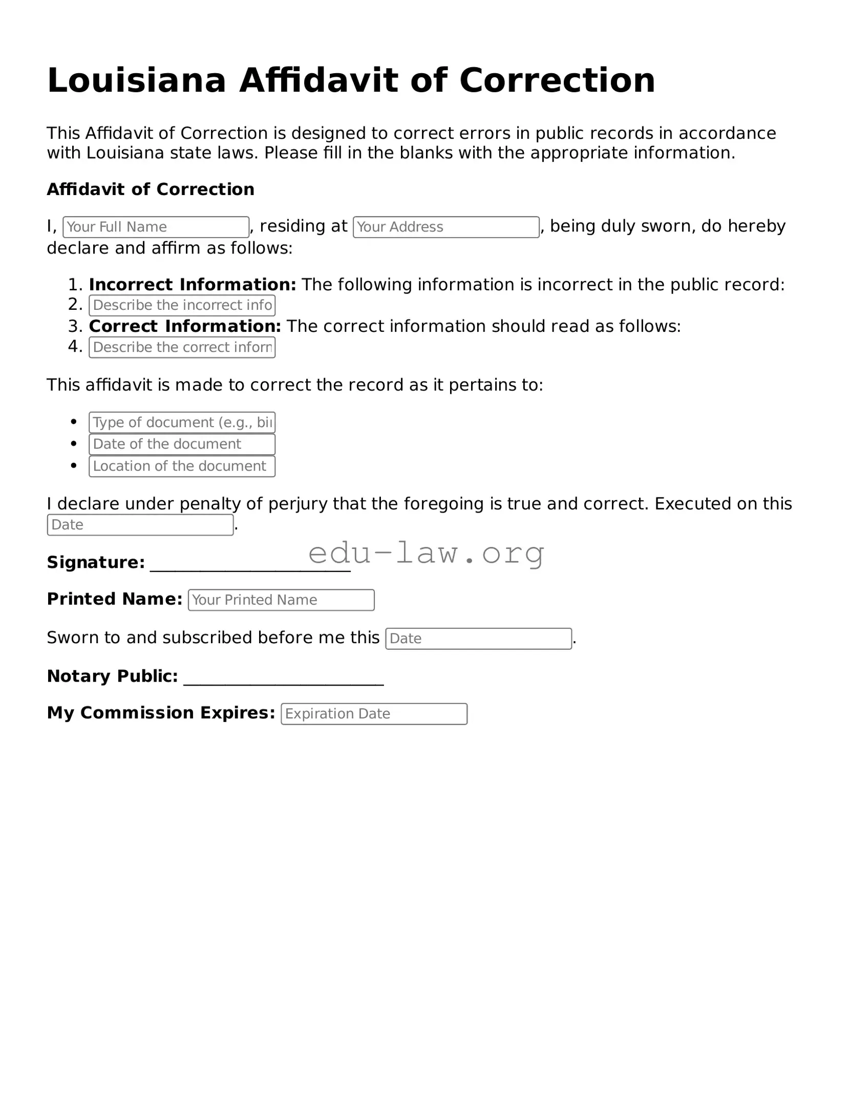 Legal  Affidavit of Correction Template for Louisiana