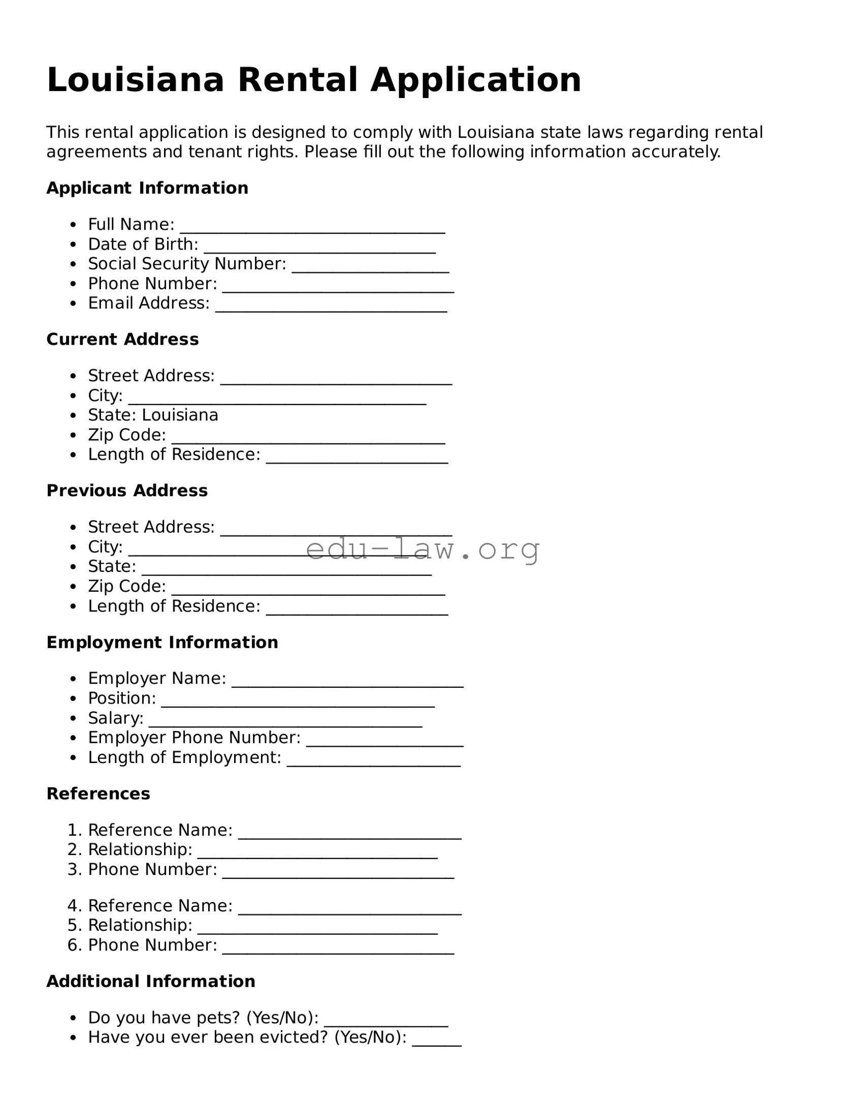 Legal  Rental Application Template for Louisiana
