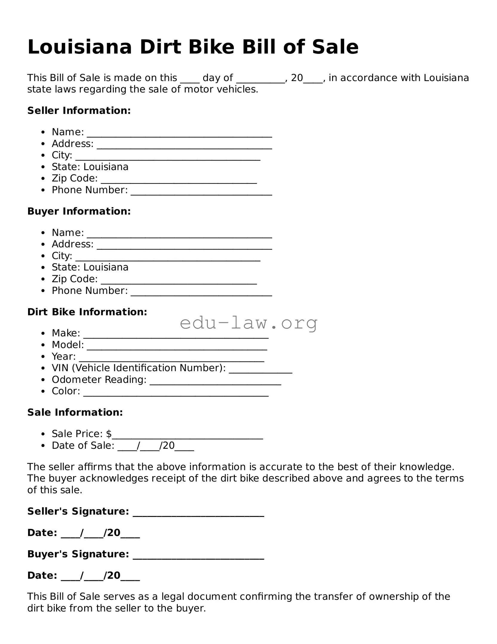 Legal  Dirt Bike Bill of Sale Template for Louisiana