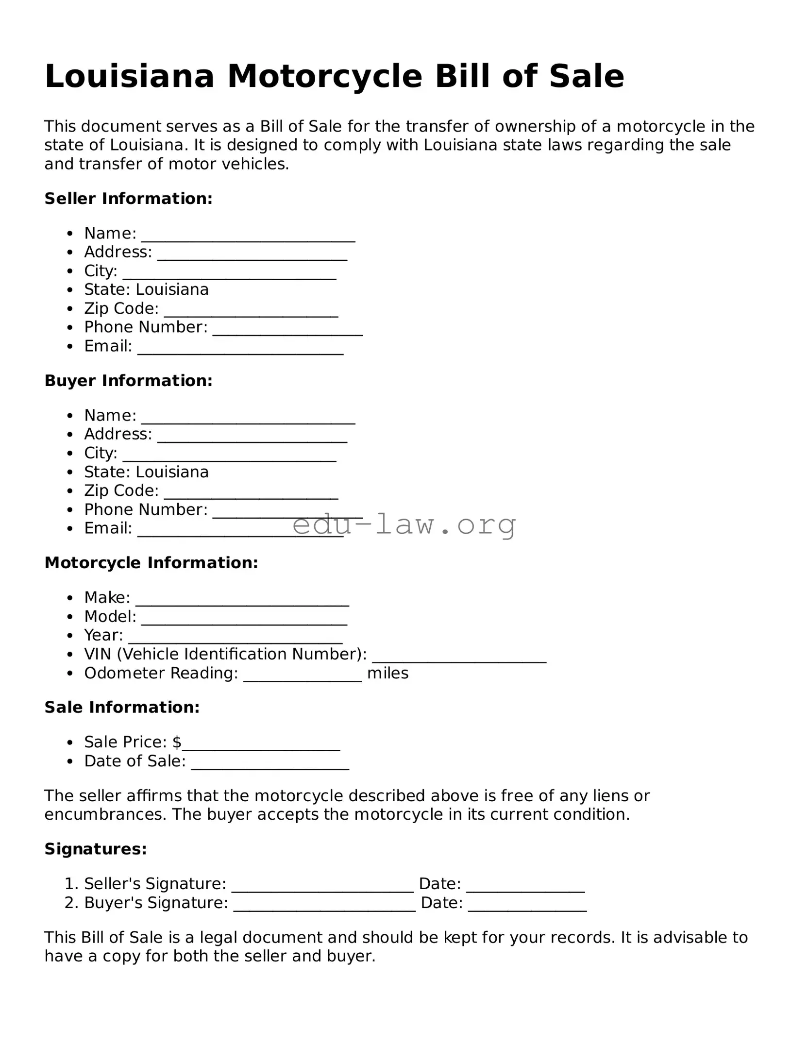 Legal  Motorcycle Bill of Sale Template for Louisiana