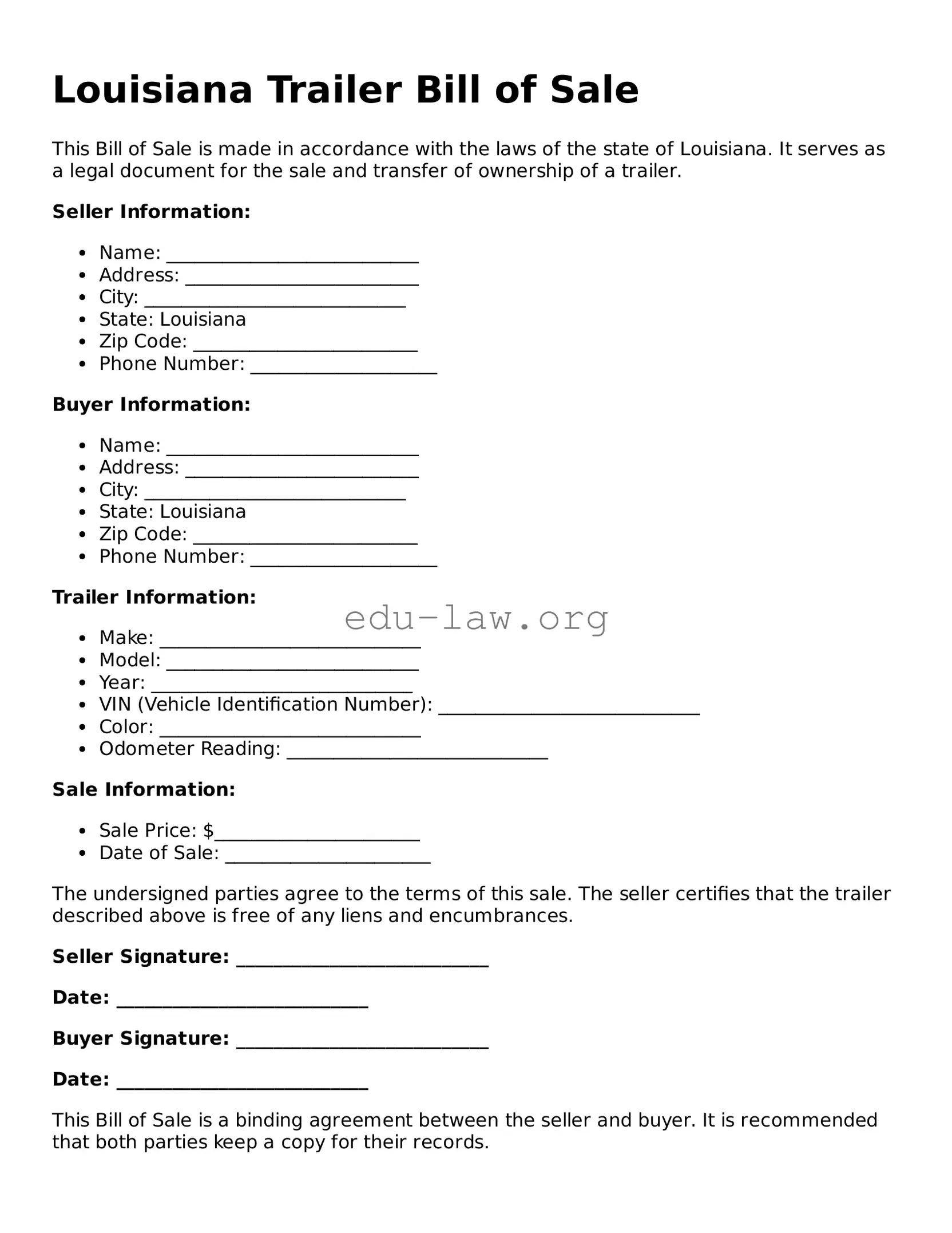 Legal  Trailer Bill of Sale Template for Louisiana