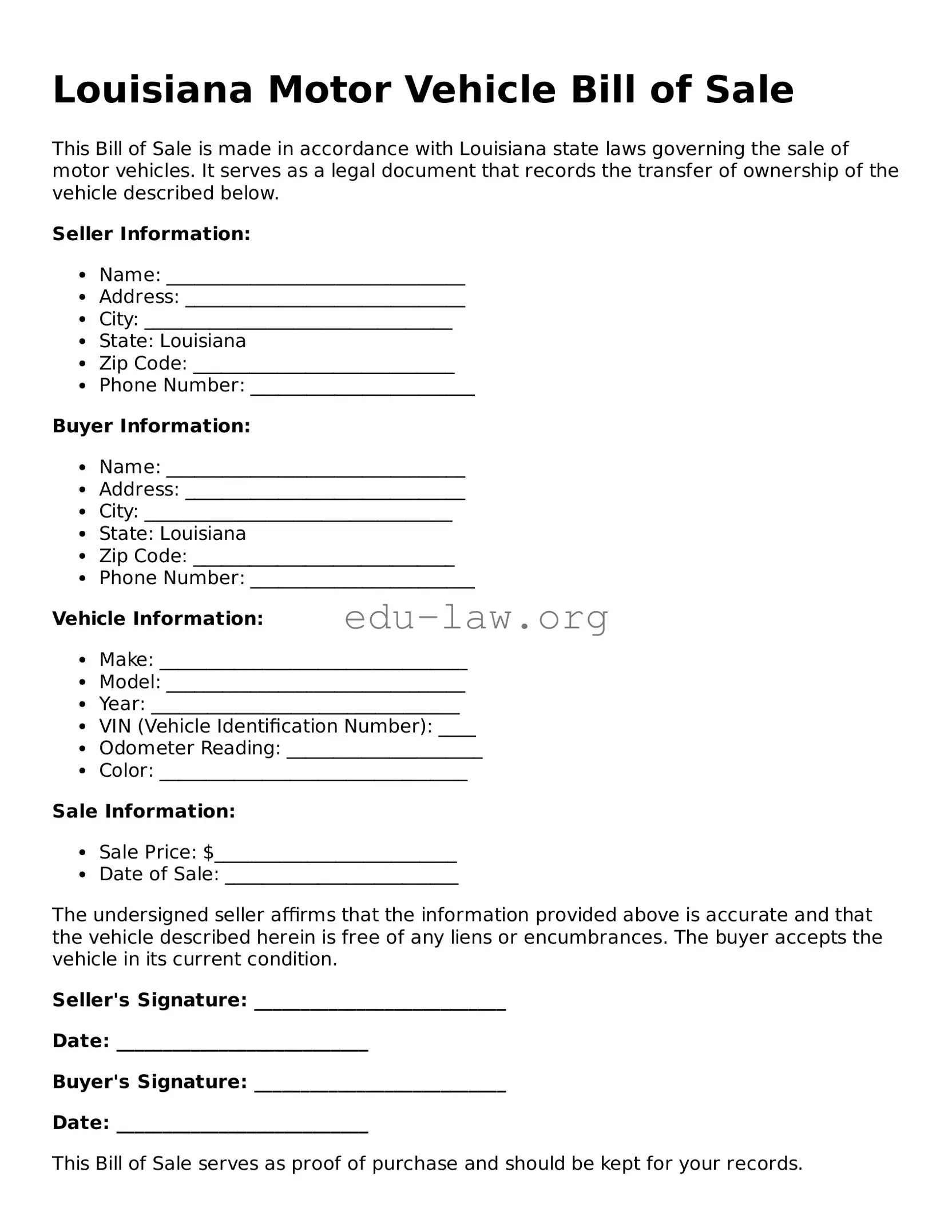 Legal  Motor Vehicle Bill of Sale Template for Louisiana