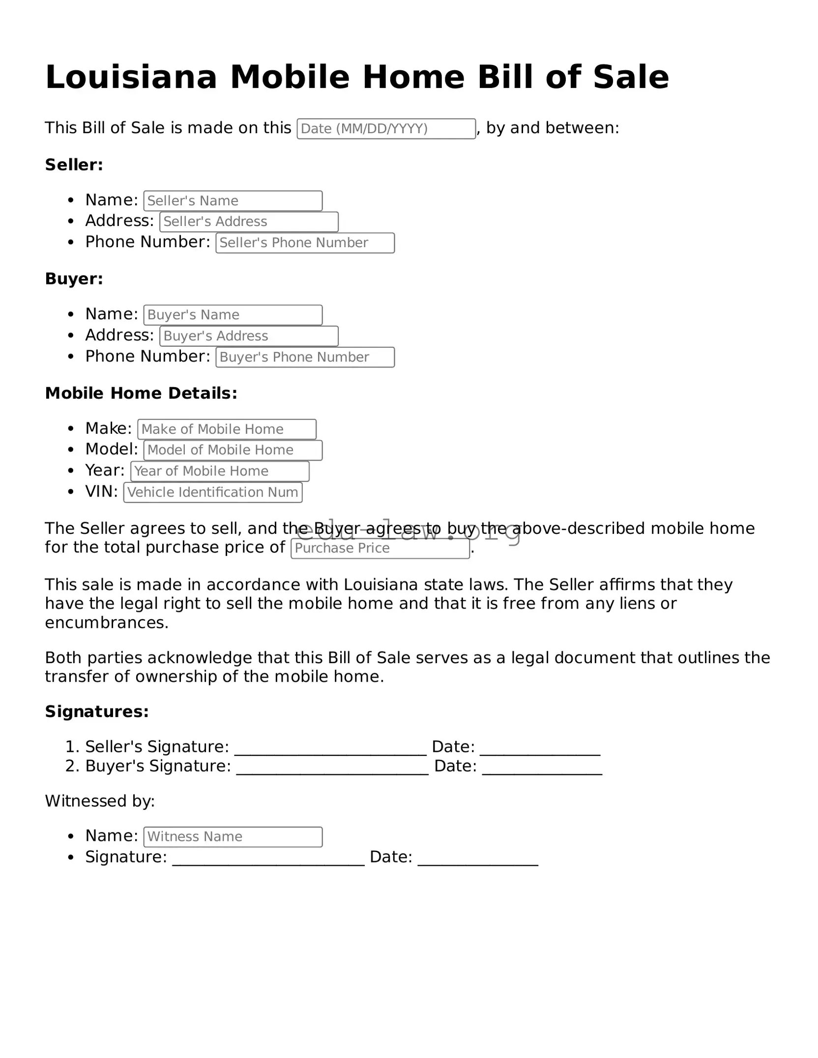 Legal  Mobile Home Bill of Sale Template for Louisiana