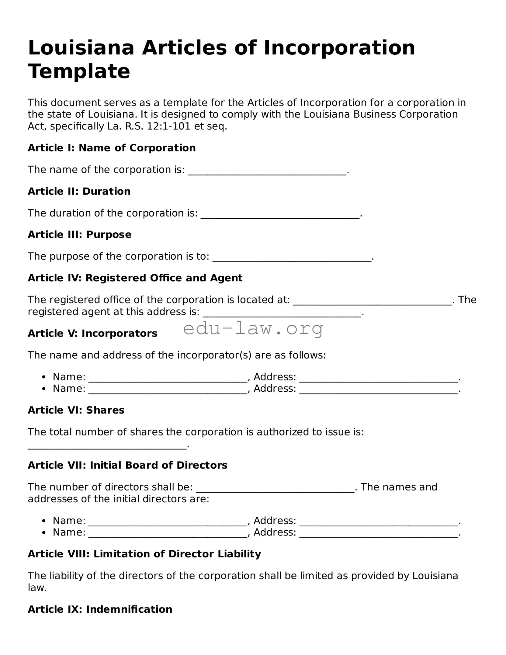 Legal  Articles of Incorporation Template for Louisiana