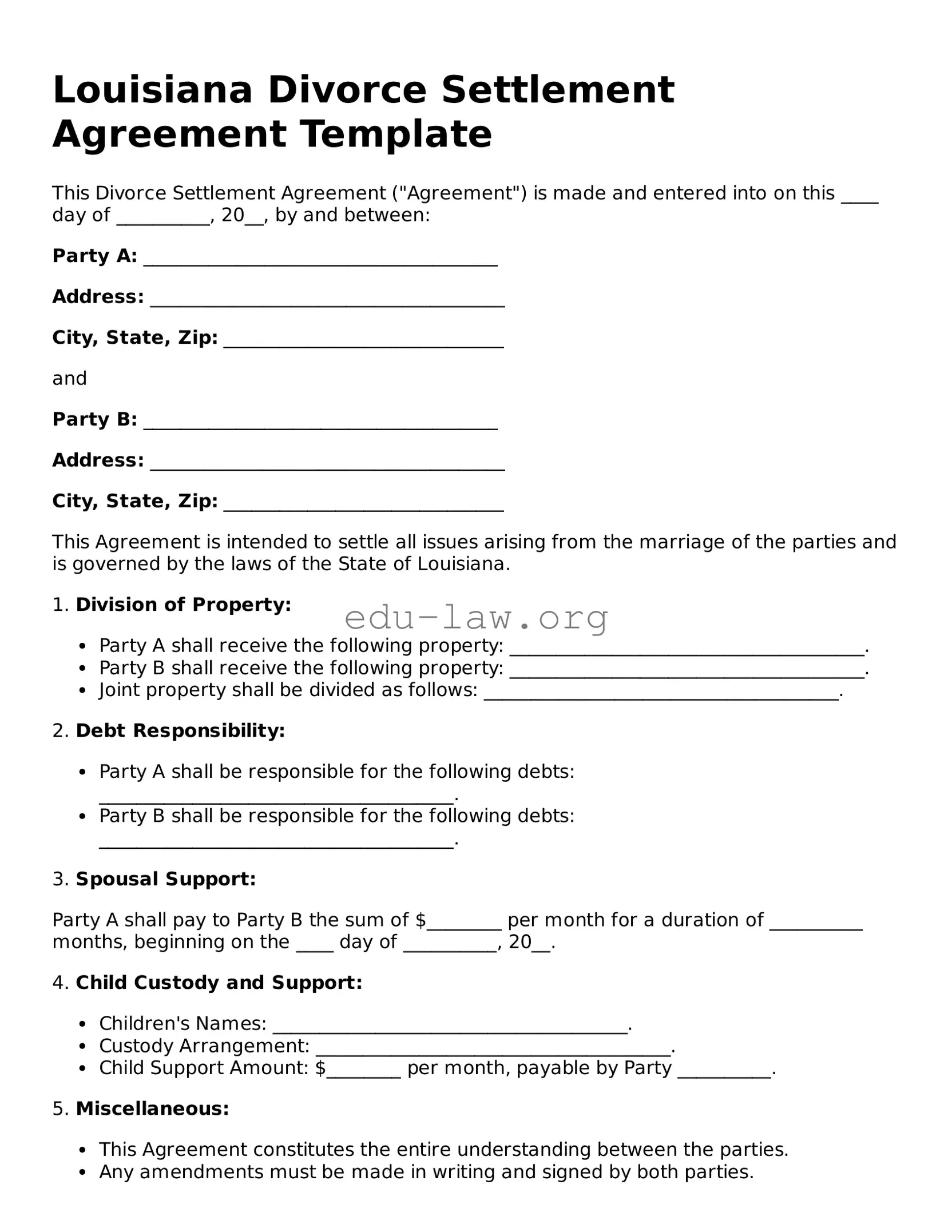 Legal  Divorce Settlement Agreement Template for Louisiana