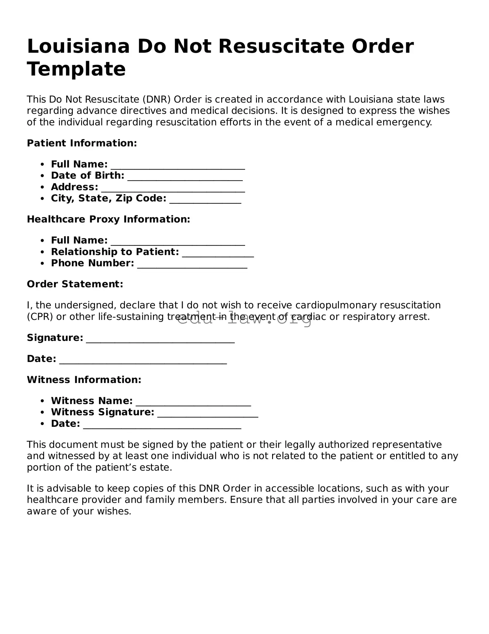 Legal  Do Not Resuscitate Order Template for Louisiana