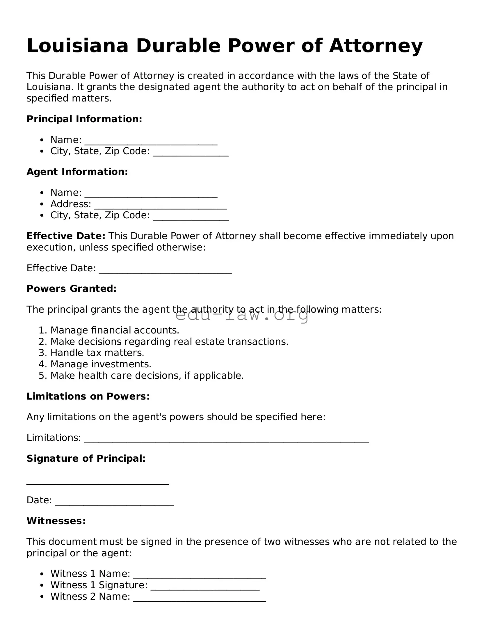 Legal  Durable Power of Attorney Template for Louisiana