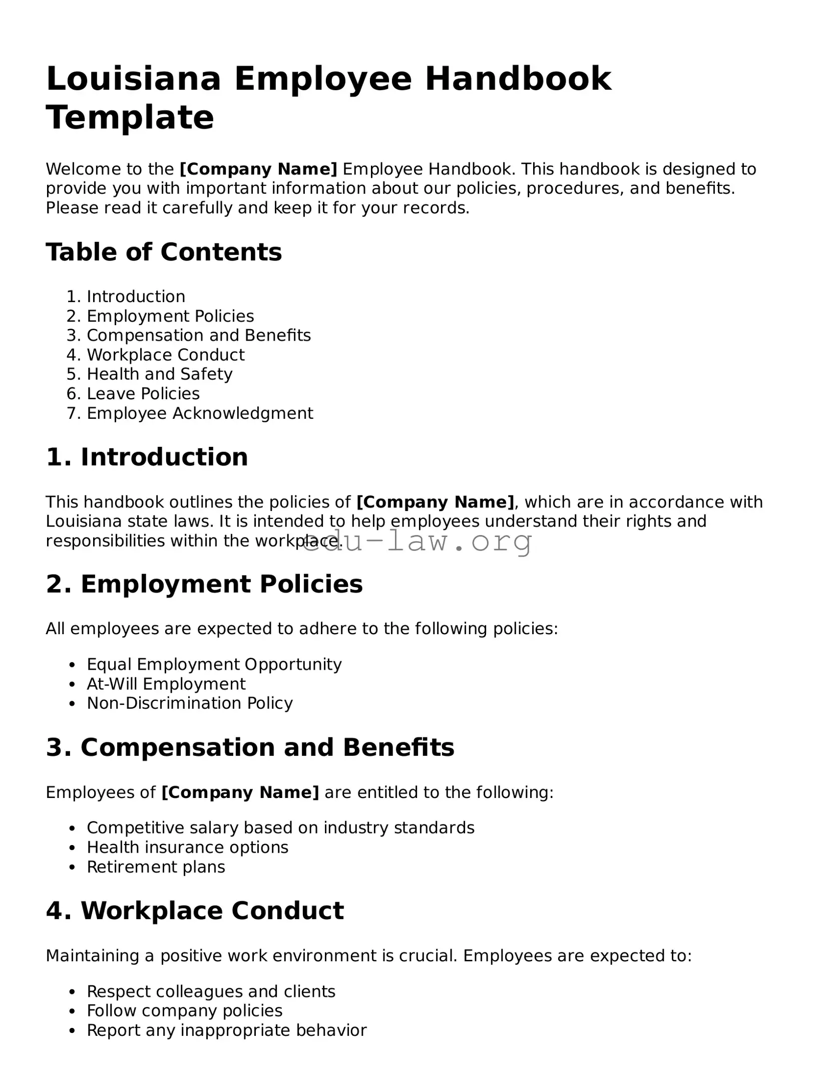 Legal  Employee Handbook Template for Louisiana