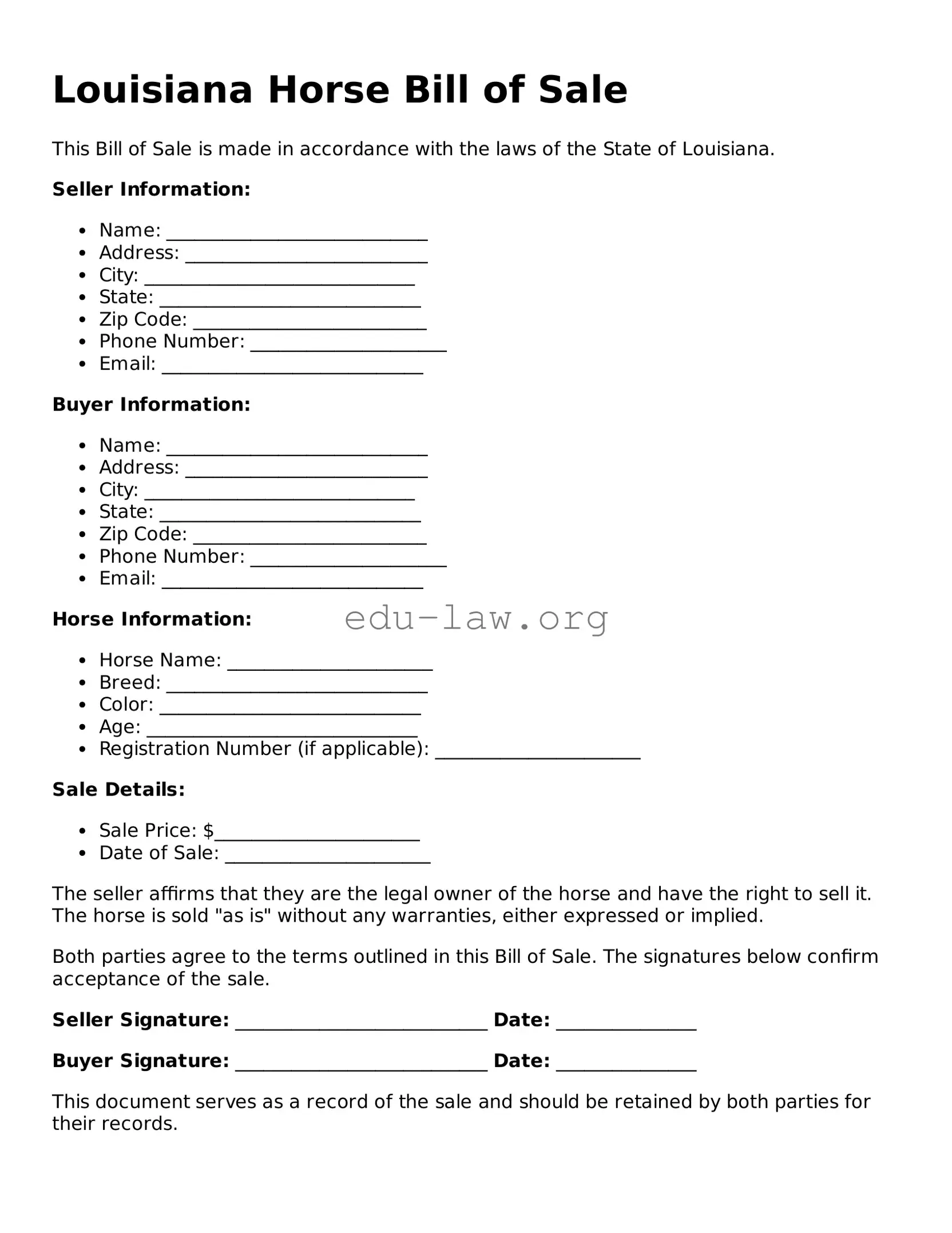 Legal  Horse Bill of Sale Template for Louisiana