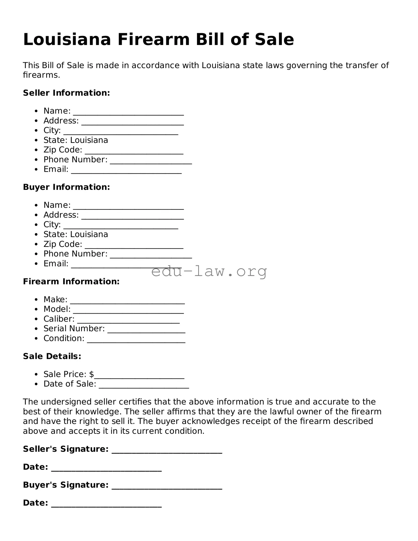 Legal  Firearm Bill of Sale Template for Louisiana